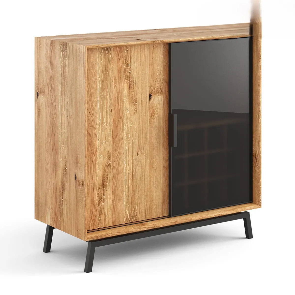 Komoda z barkiem MODERN LOFT 2-drzwiowa z przeszkleniem - dąb olejowany, czarny Komoda z barkiem MODERN LOFT 2-drzwiowa z przeszkleniem - dąb olejowany, czarny