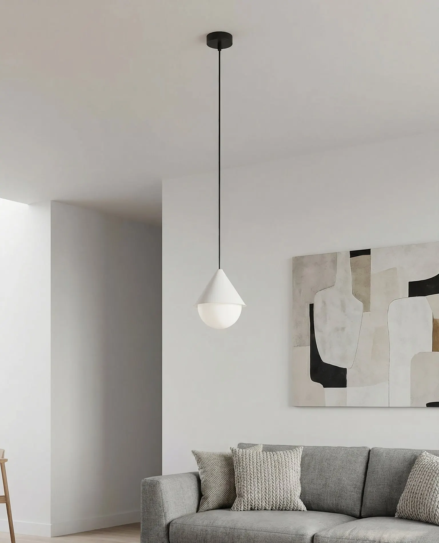 image lampa wisząca, kinkiet/zwis, biała lampa, sofa szary, obraz abstrakcyjny