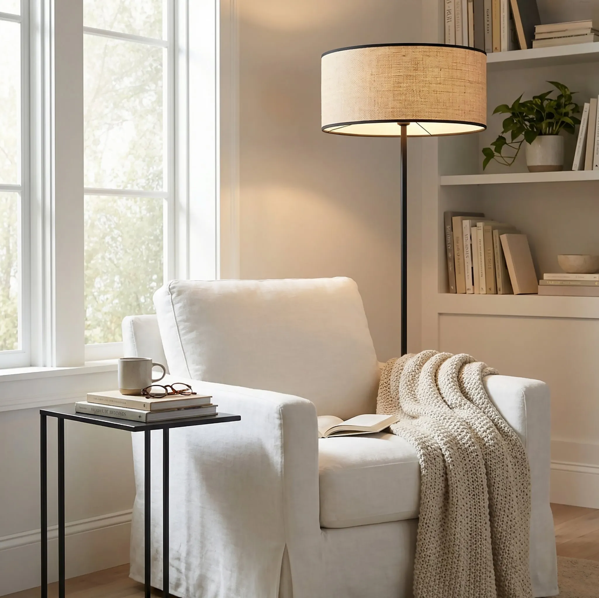image sofa, fotel, lampa stojąca, lampa podłogowa, wełniany koc