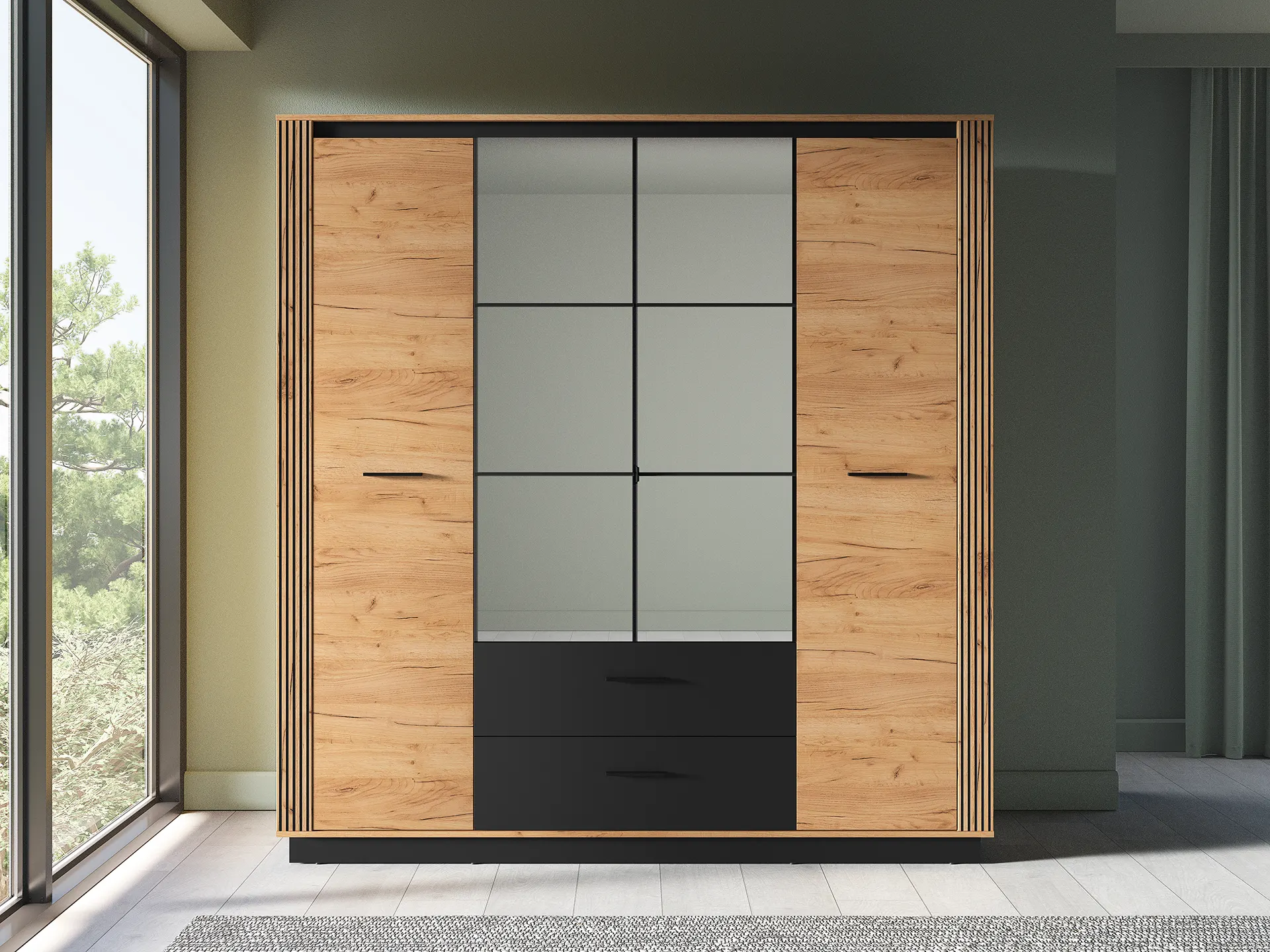 Szafa z lustrem 4-drzwiowa z 2 szufladami URSO 01 craft złoty-czarny - 1URSO01-001