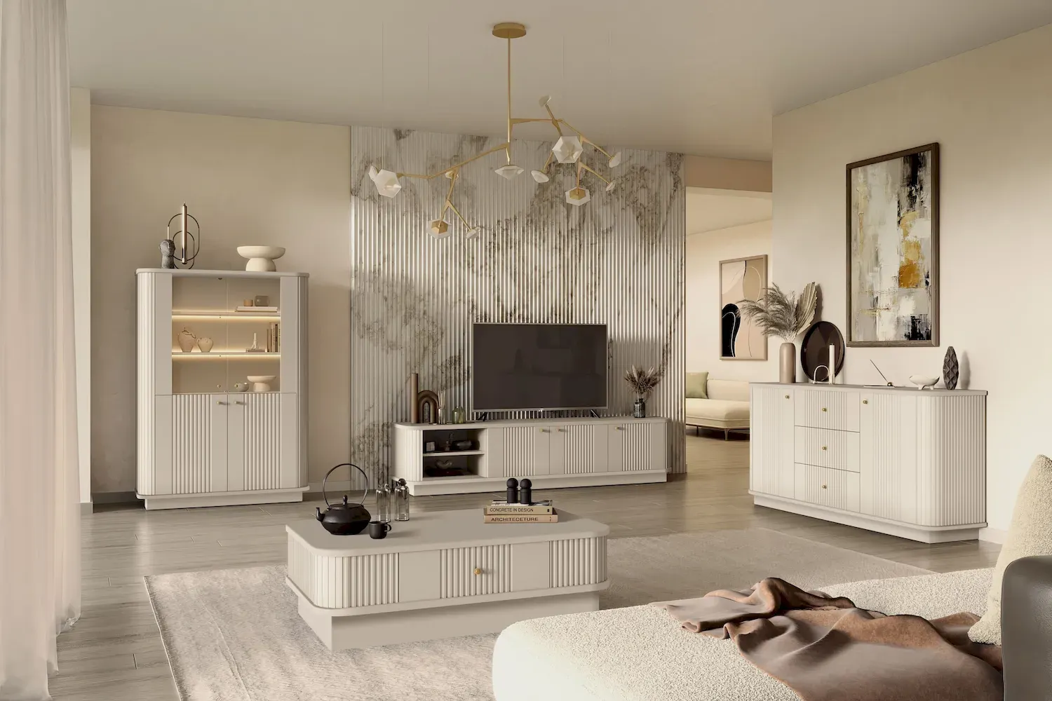 Szafka RTV 3-drzwiowa VESPER ryflowany front - cashmere złote uchwyty cokół - B_169445