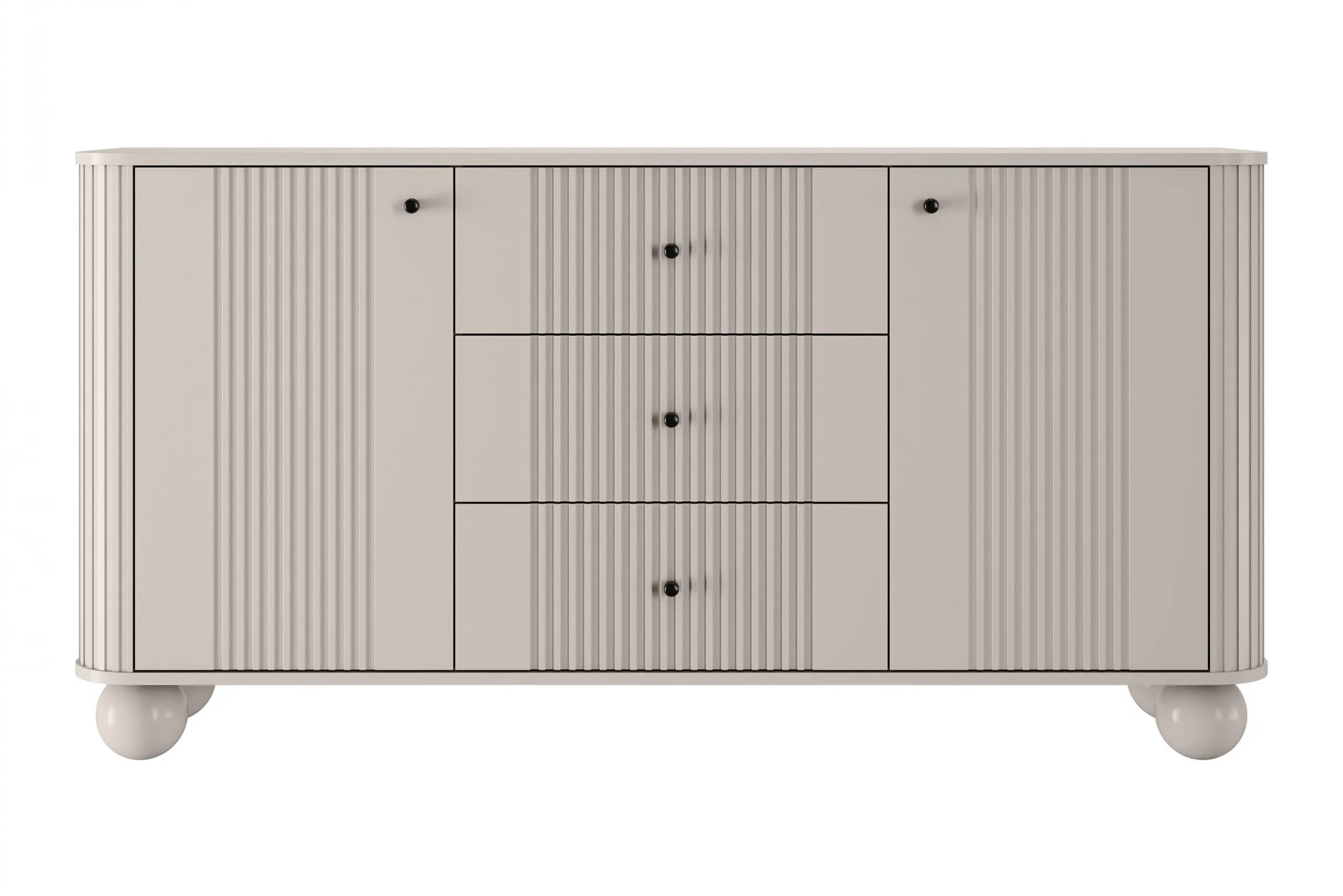 Komoda 2-drzwiowa z 3 szufladami VESPER 160 ryflowany front cashmere czarne uchwyty nogi kule - B_163602