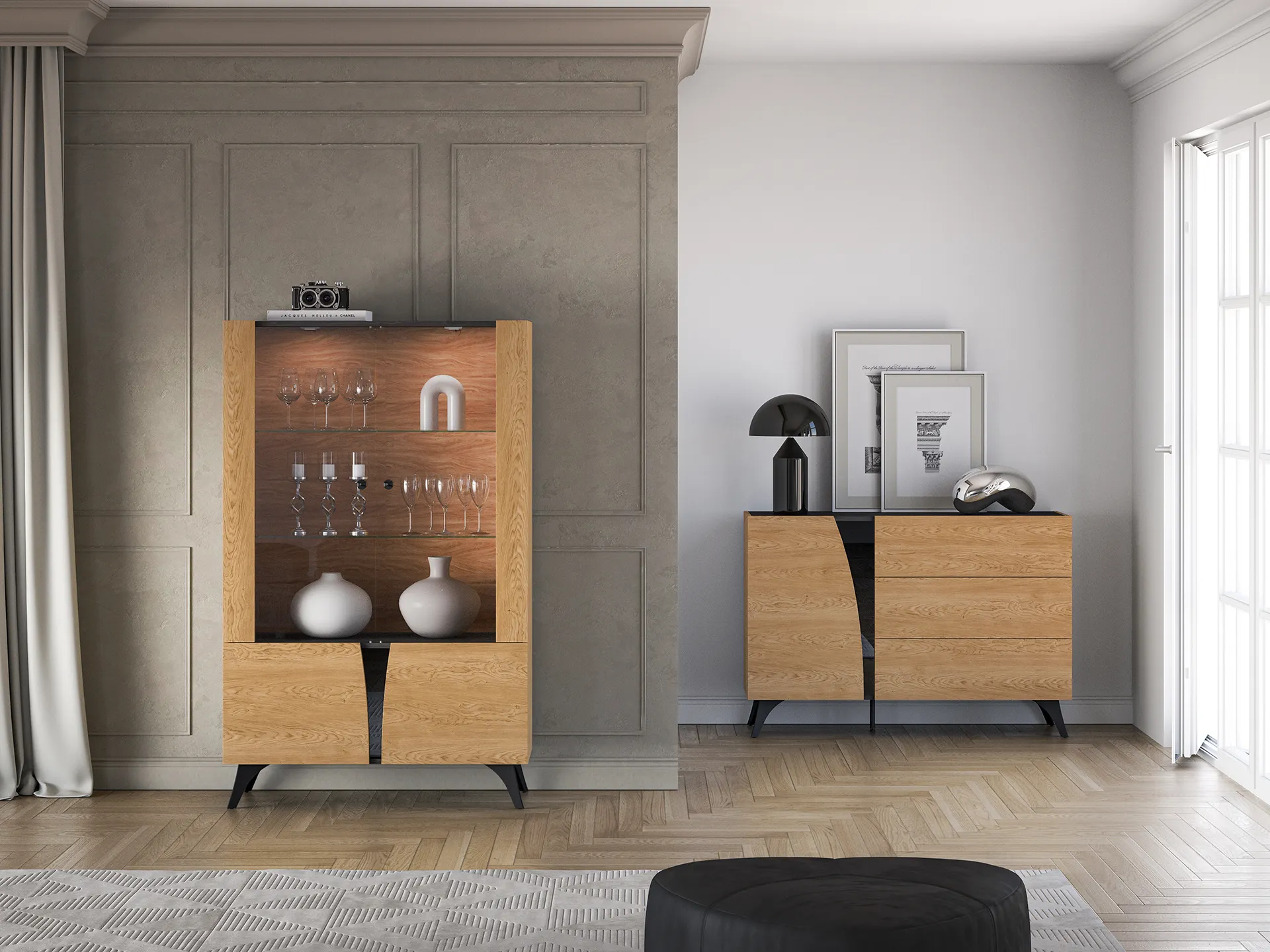 Witryna niska 2-drzwiowa TOSCANIA 03 dąb baltic dune jesion prestige czarny - 1TOSC03-001