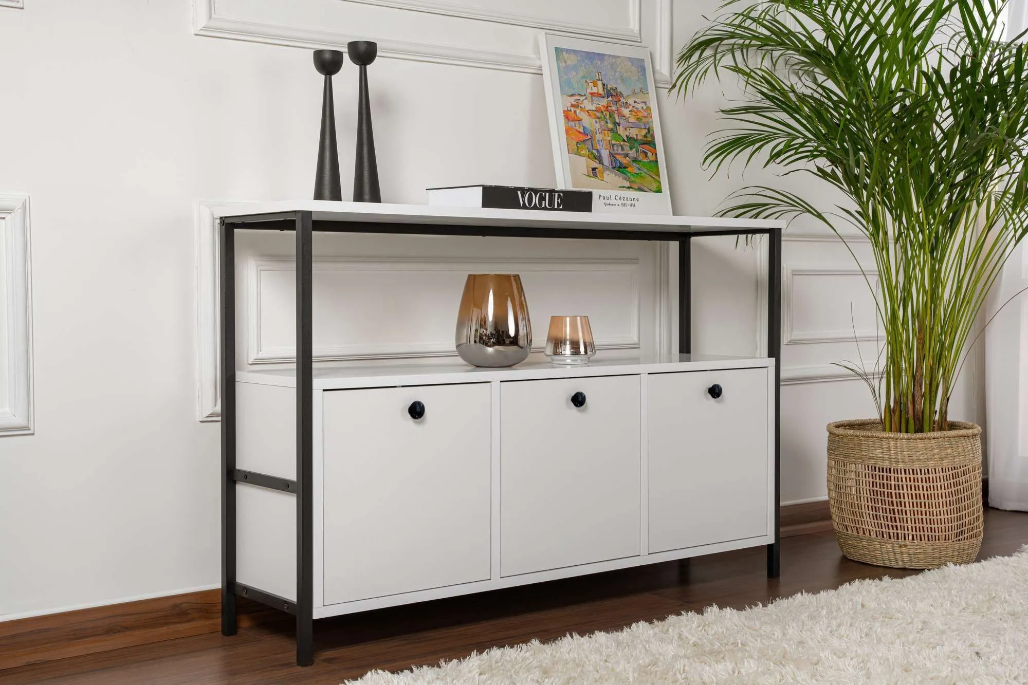 Konsola 3-drzwiowa SOLACE 120 cm biała czarny metalowy stelaż — zdjęcie 7