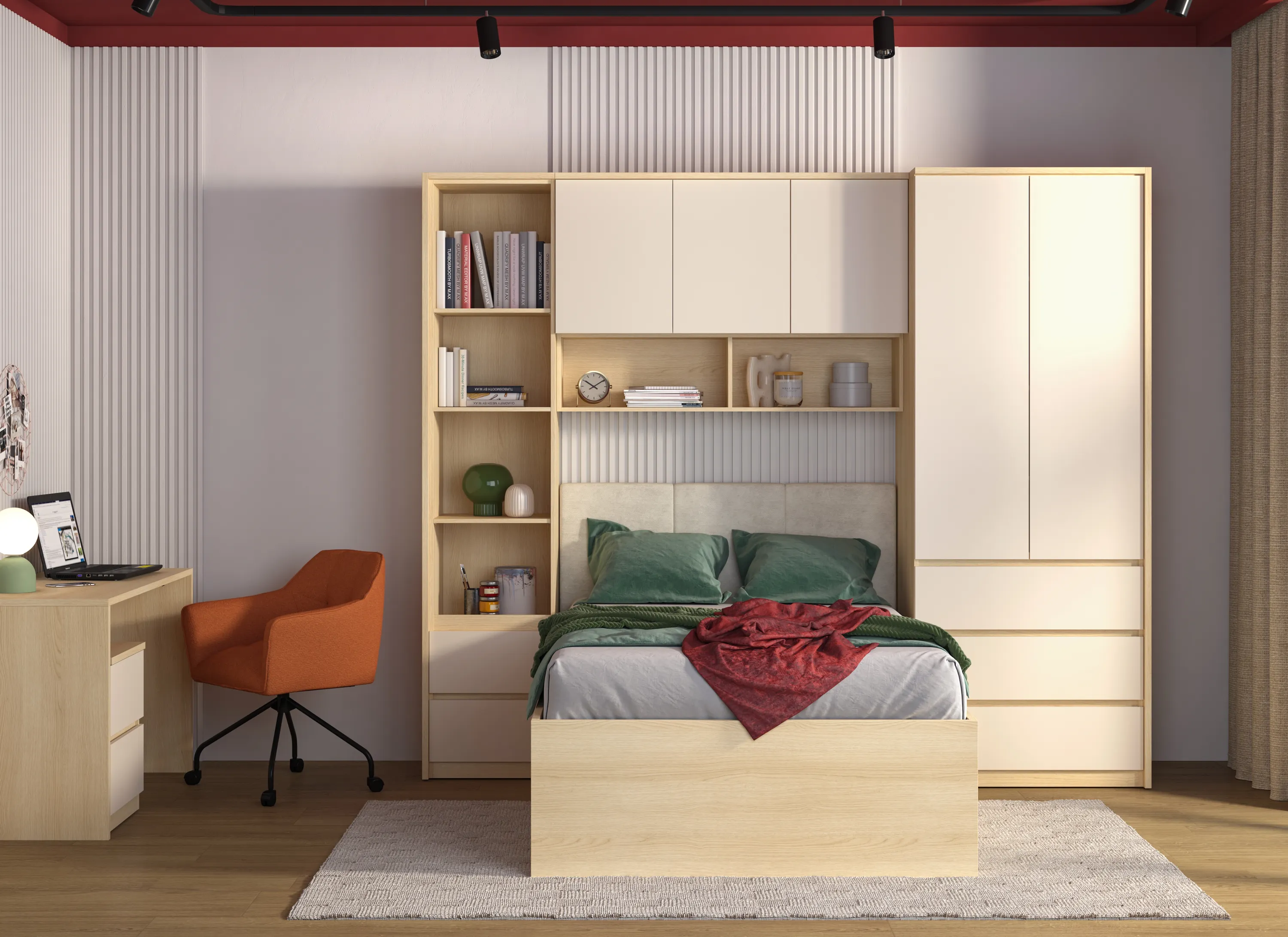 sypialnia, szafa, łóżko, regał, biurko