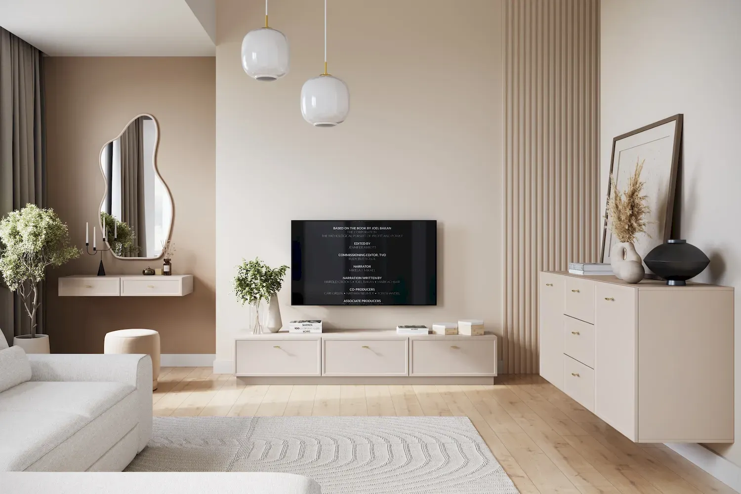 Szafka RTV z klapą i 2 szufladami LORINI 200 - cashmere uchwyt T-bar złoty cokół - B_166783