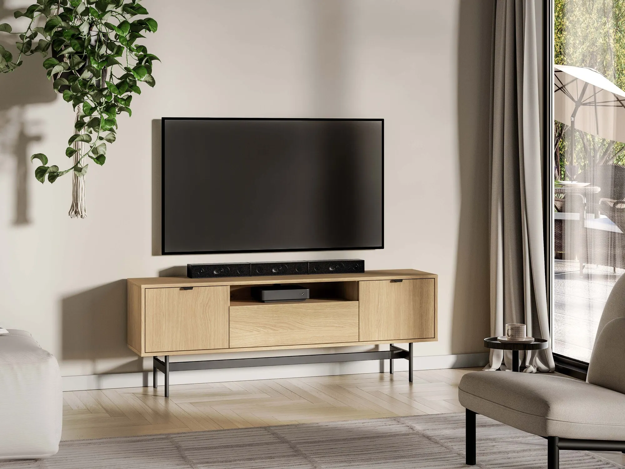 image telewizor, stojak RTV, monitor TV, meblowanie drewniane, konsola pod TV
