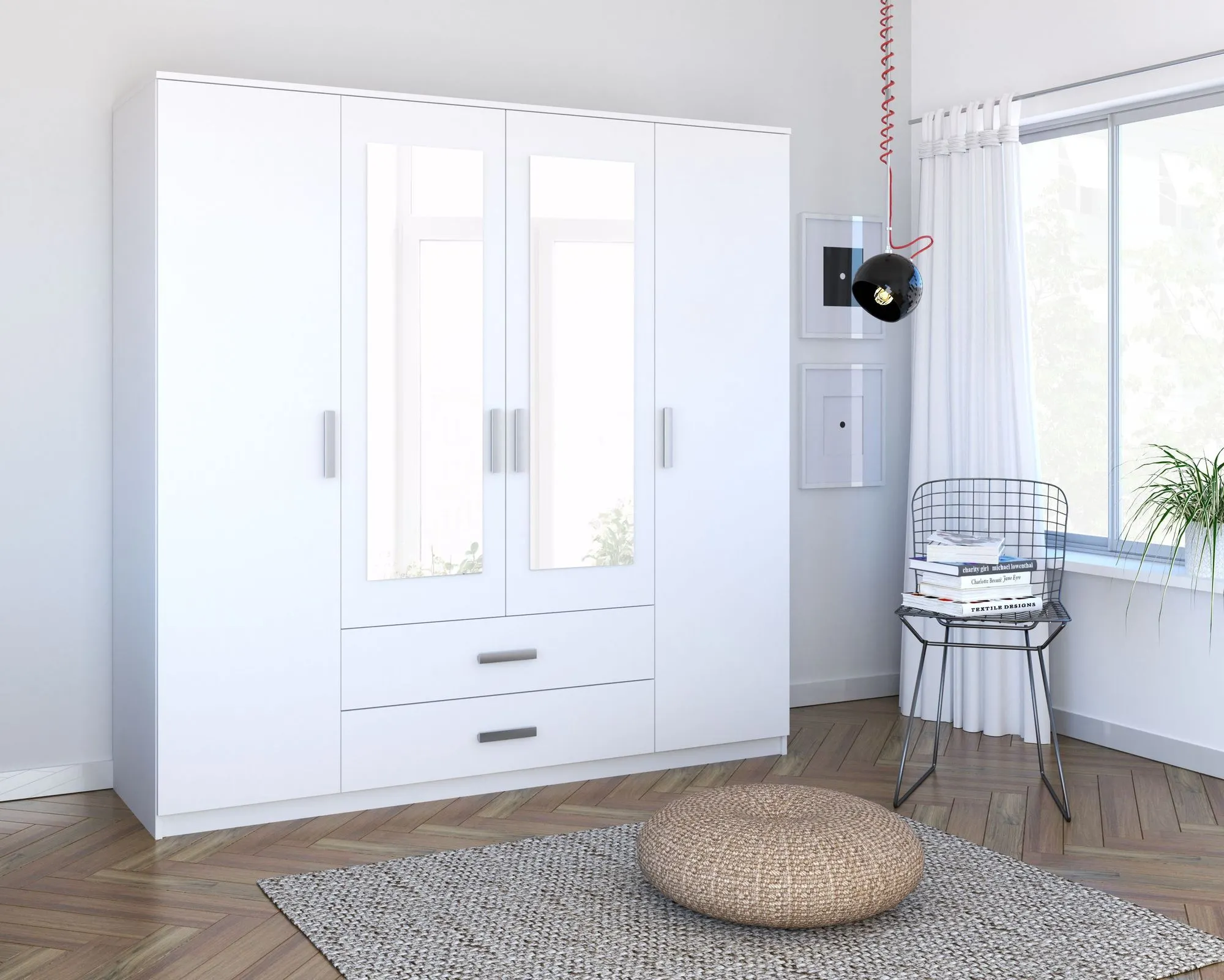 Szafa 4-drzwiowa z 2 szufladami i 2 lustrami TAMINA biała - INT_5002941BIP