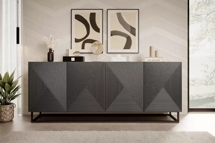 Komoda 4-drzwiowa ASHA 200 4D - szary - dąb artisan - czarny stelaż - ryflowany front - B_52124