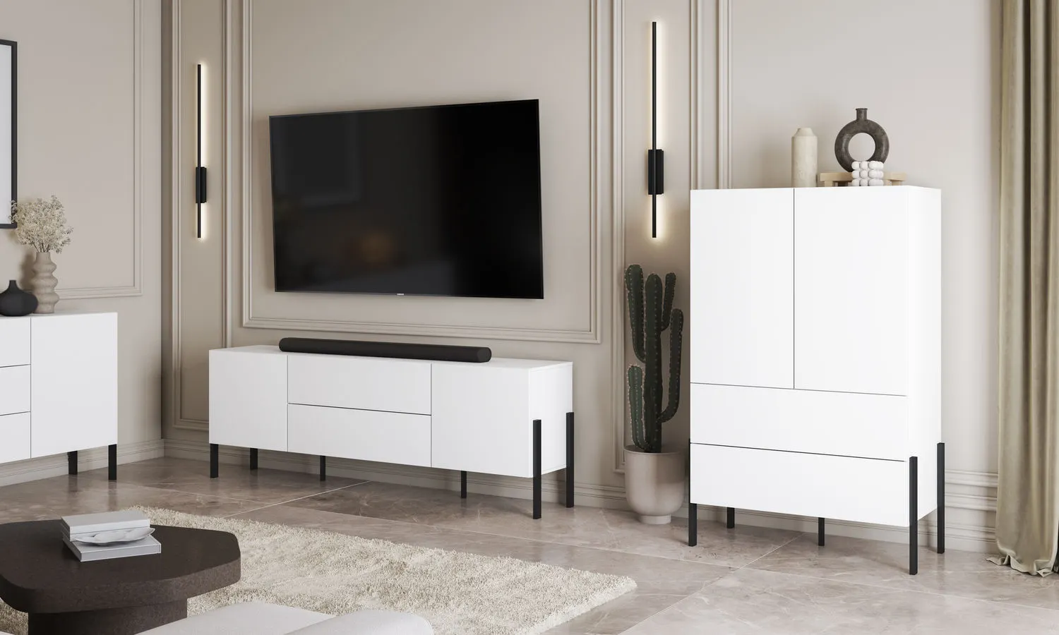 Szafka RTV 2-drzwiowa z szufladami JUKON 204 cm biały mat - 2497ND40