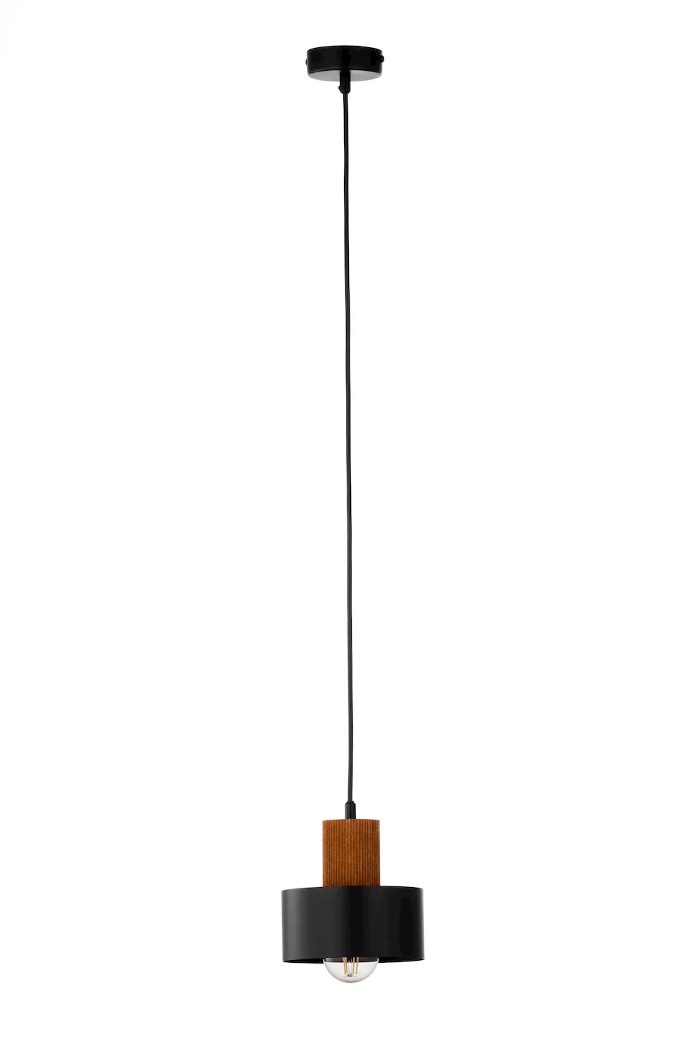 image lampa wisząca, pendant lamp, czarna oprawa, drewniany element, żarówka LED