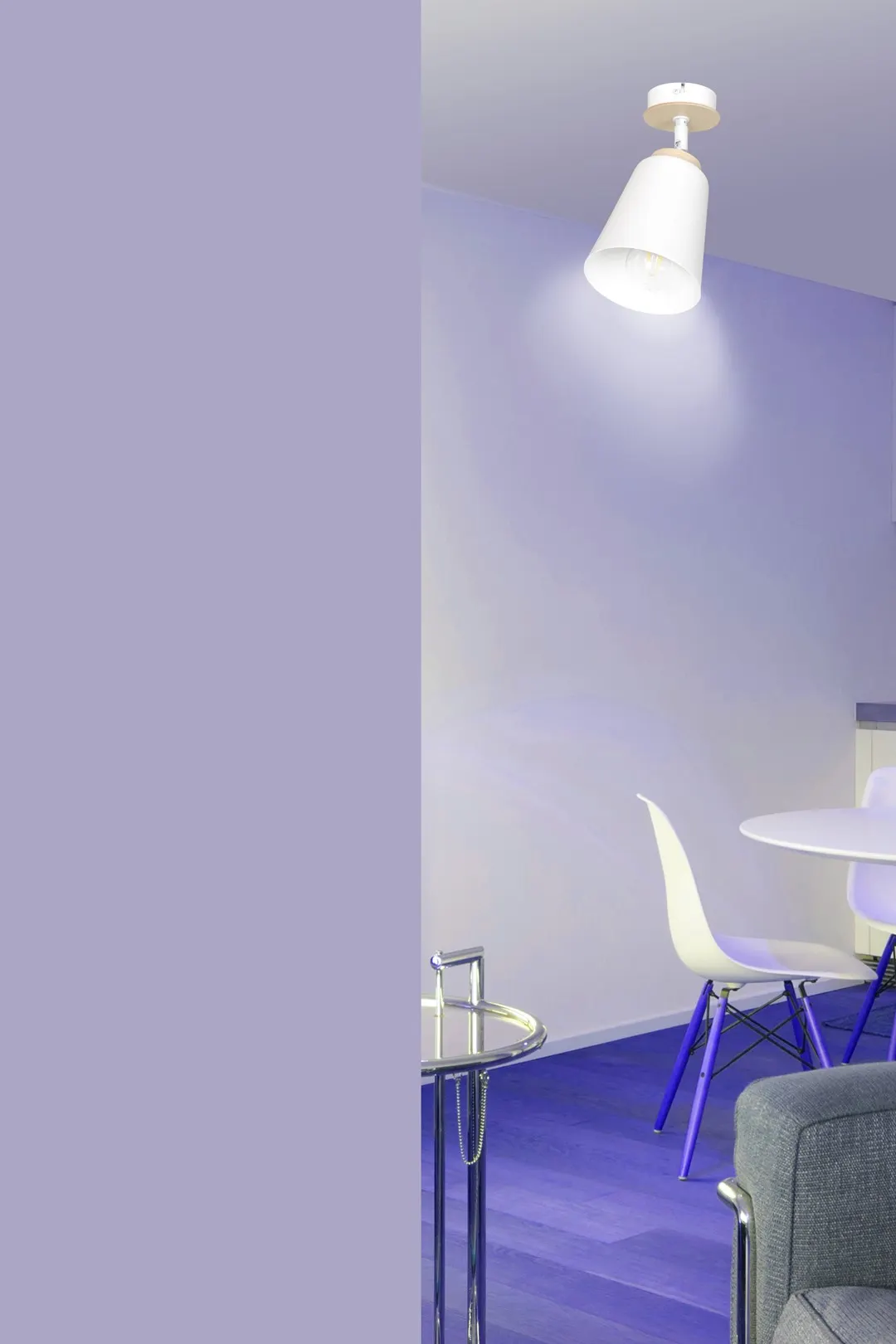 lampa wisząca, kolor fioletowy, pokój z lampą, meble w kolorze fioletowym, design wnętrz