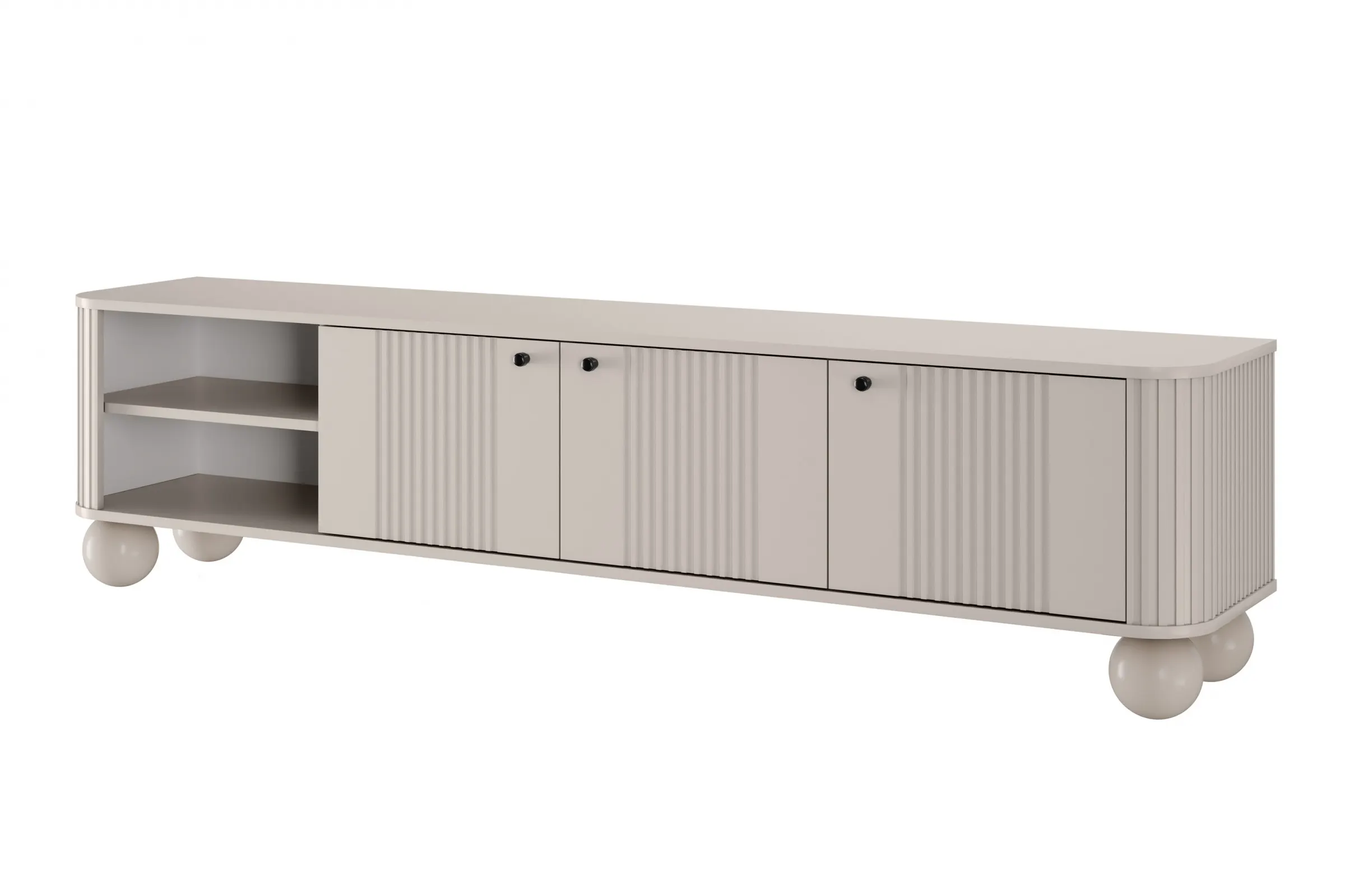 Szafka RTV 3-drzwiowa VESPER RTV 187 ryflowany front cashmere czarne uchwyty nogi kule Meble, Kredens, Szafka