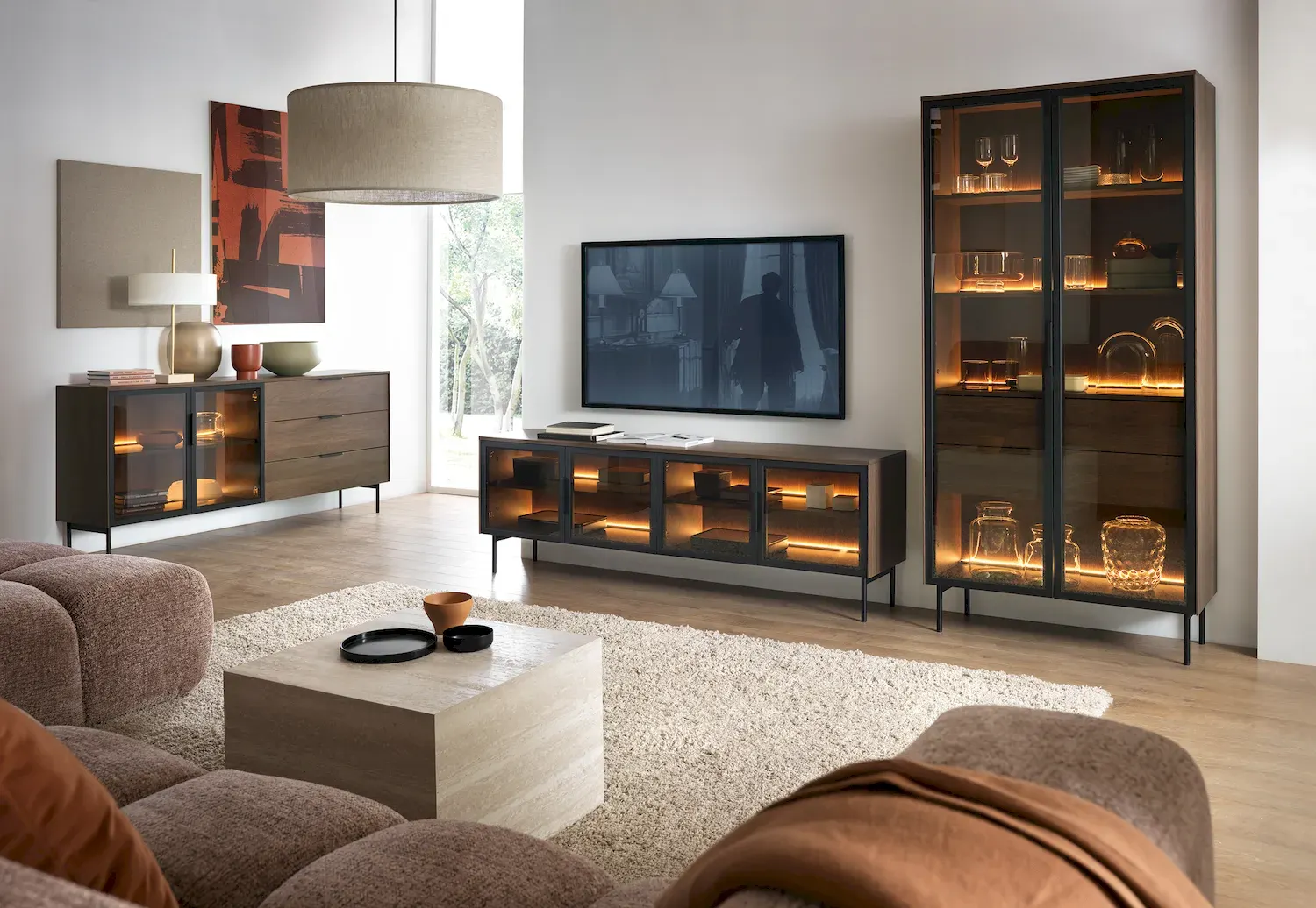 Witryna wysoka 2-drzwiowa z 2 szufladami LUMI z oświetleniem LED dąb dunin - LA_LUMI_WITRYNA_WYSOKA_91_2D2S_DUNIN