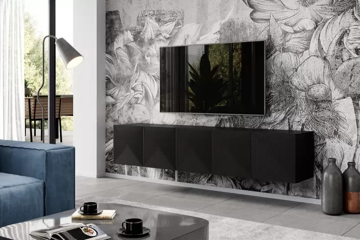 Szafka RTV ASHA 200 5D - czarny mat - ryflowany front - wisząca - B_52247