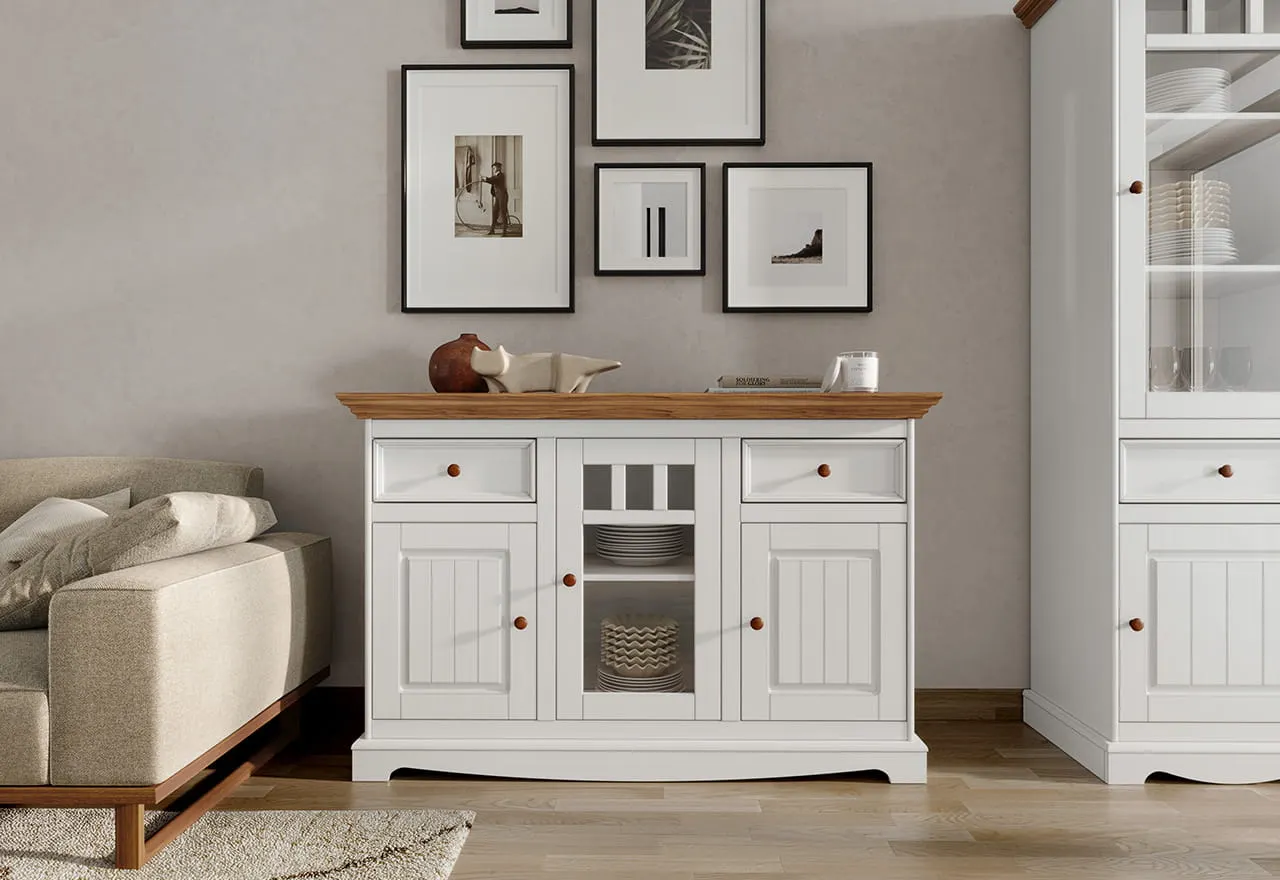 Witryna wąska BELLUNO ELEGANTE 2-drzwiowa z szufladą biała - dąb - PL014B/D