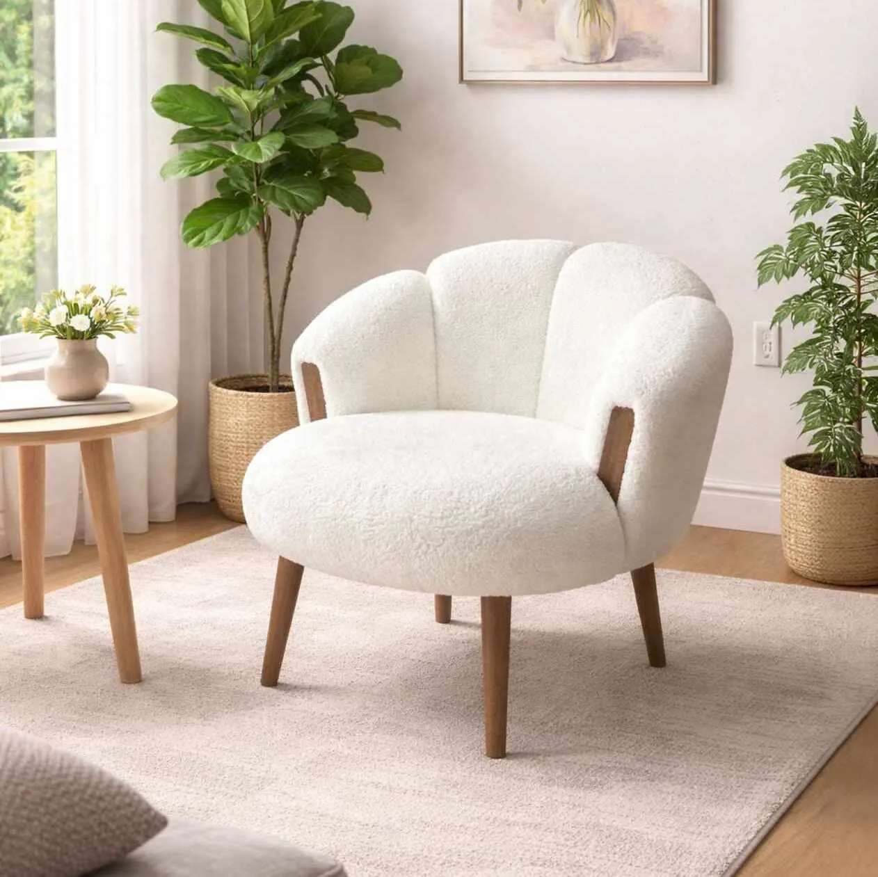 image sofa chair, fotel ozdobny, tkanina boucle, drewniane nogi, salon