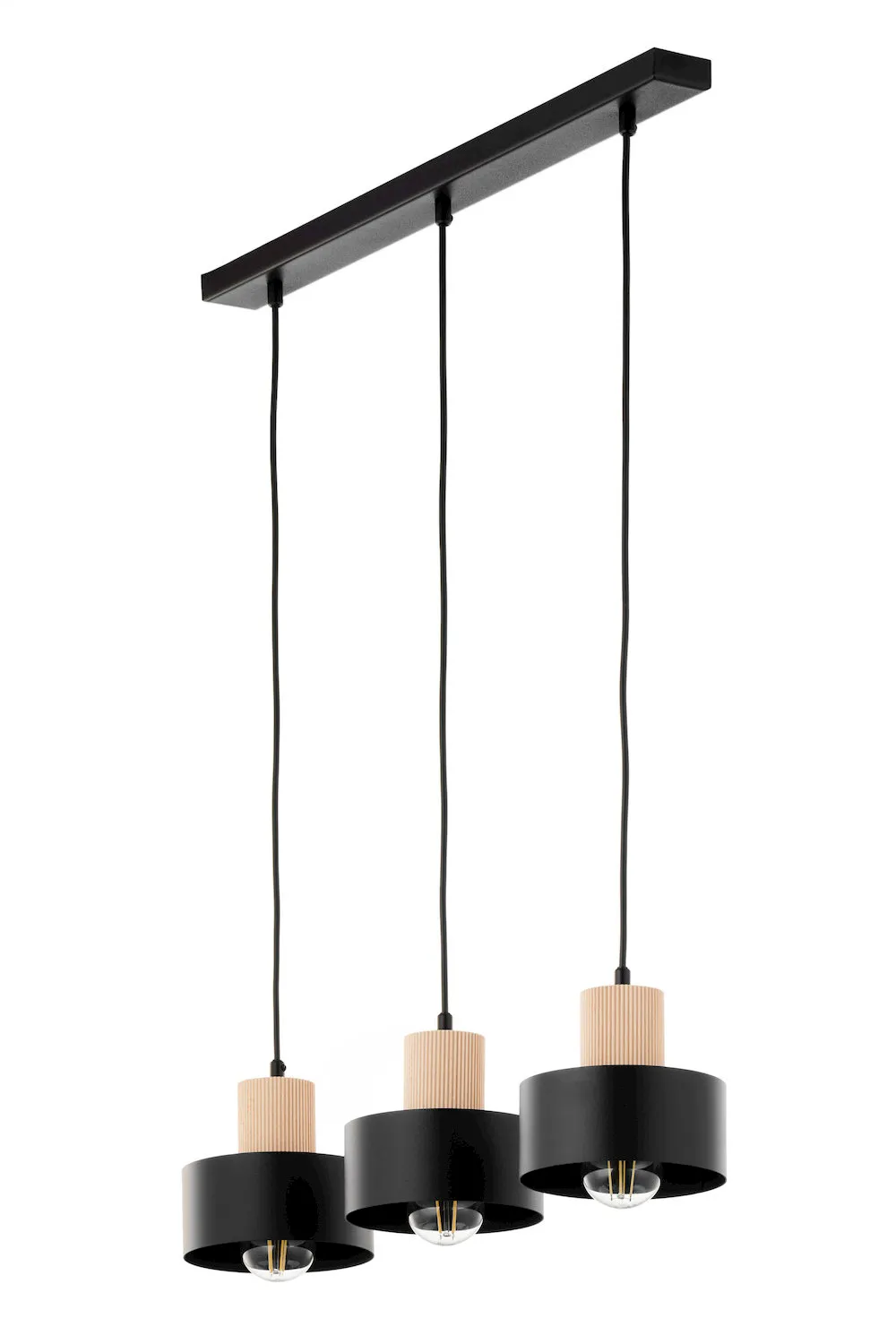 image lampa wisząca, trzy punkty, czarna, drewniane elementy, przyłącze sufitowe