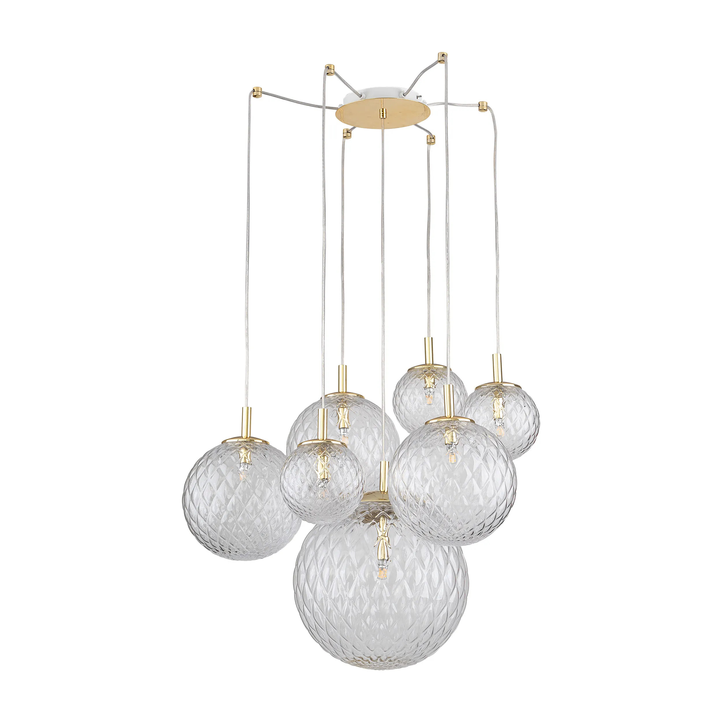 Lampa sufitowa CADIX złota z dodatkowymi podwieszeniami transparentne kryształowe okrągłe klosze w różnych rozmiarach 500x200cm