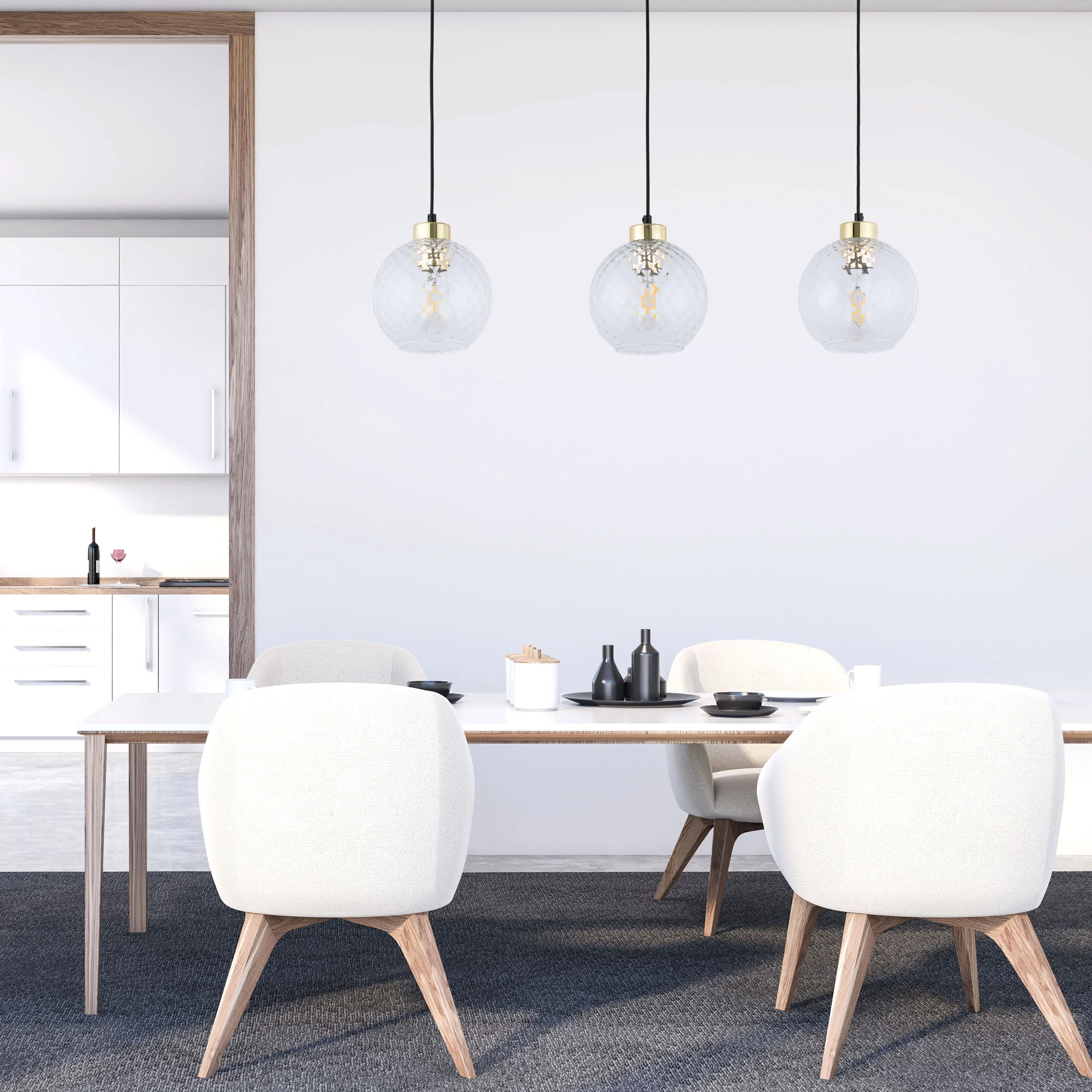 Lampa wisząca DEVON czarna ze złotymi elementami i trzema kryształowymi szklanymi okrągłymi kloszami na listwie 100x82x18cm - TK_4587