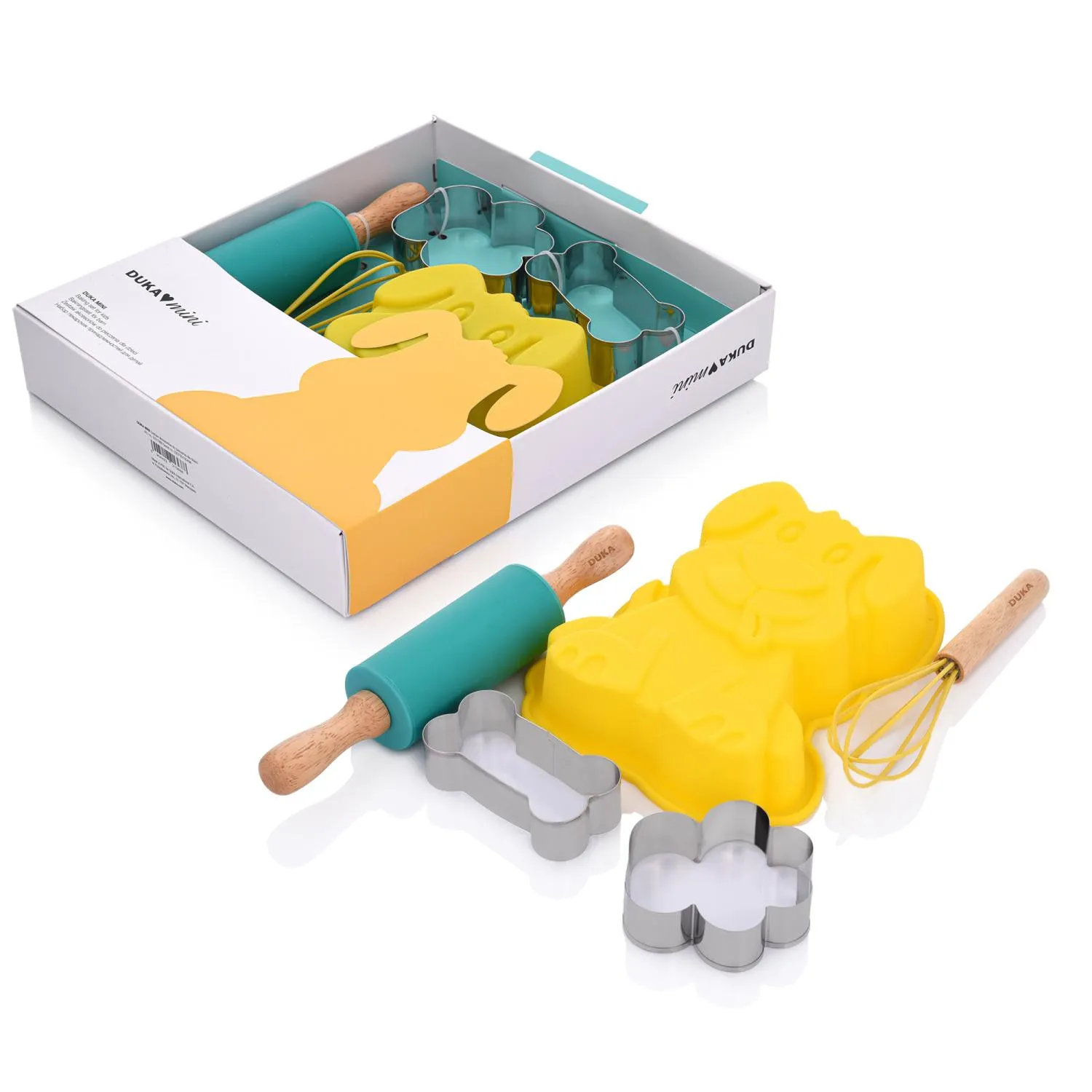 cookie cutters, rolling pin, yellow mold, cloud shapes, baking set