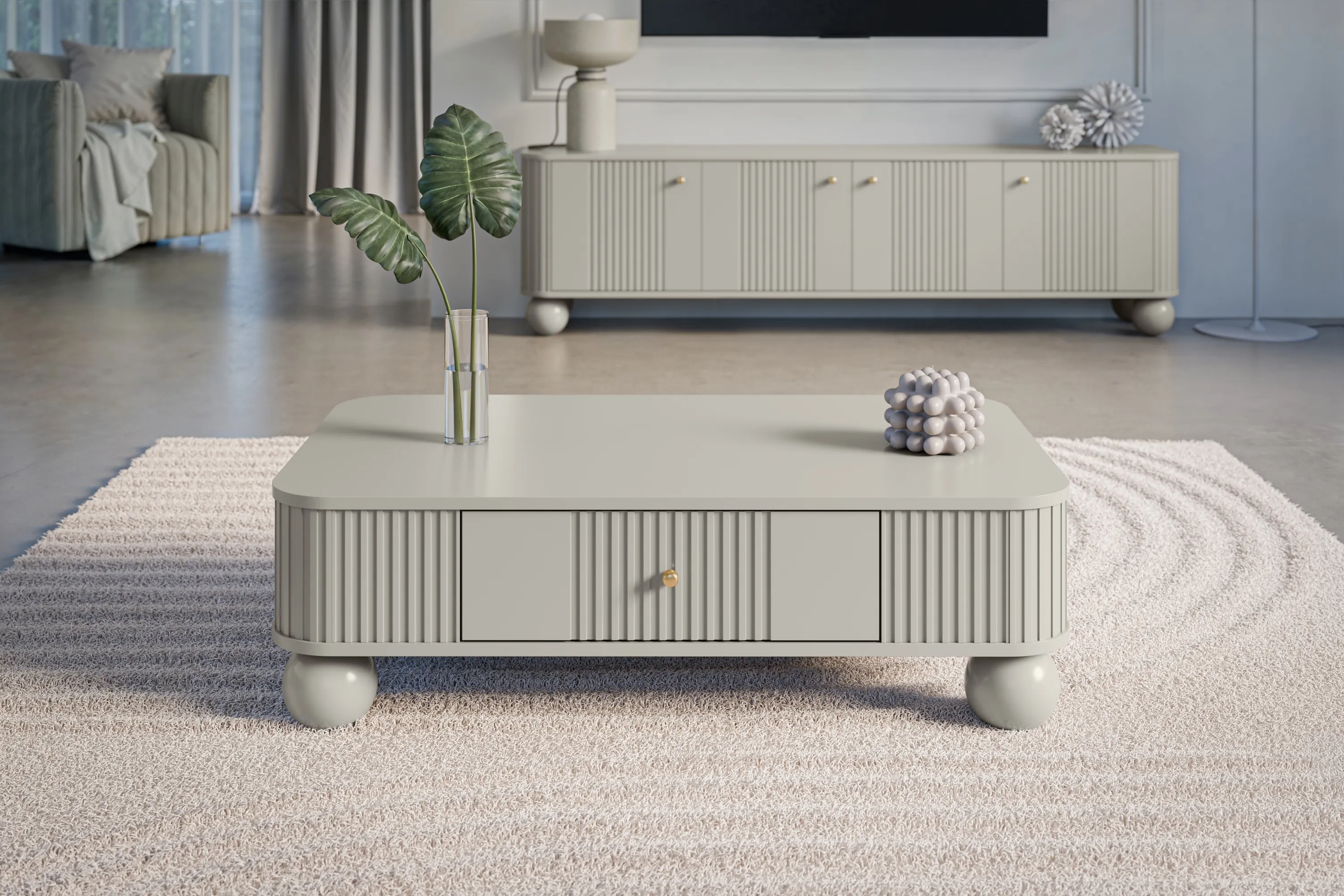 Stolik kawowy z szufladą VESPER 103 ryflowany front cashmere złote uchwyty nogi kule — zdjęcie 4