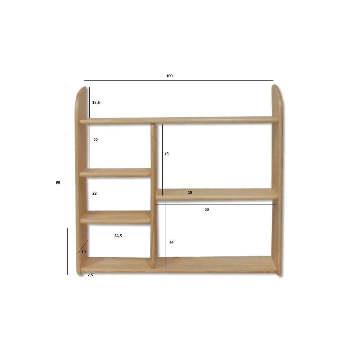 PK107_WYMIARY PK107 półka S100 W90 G20 sosna naturalny DREWMAX - 34928