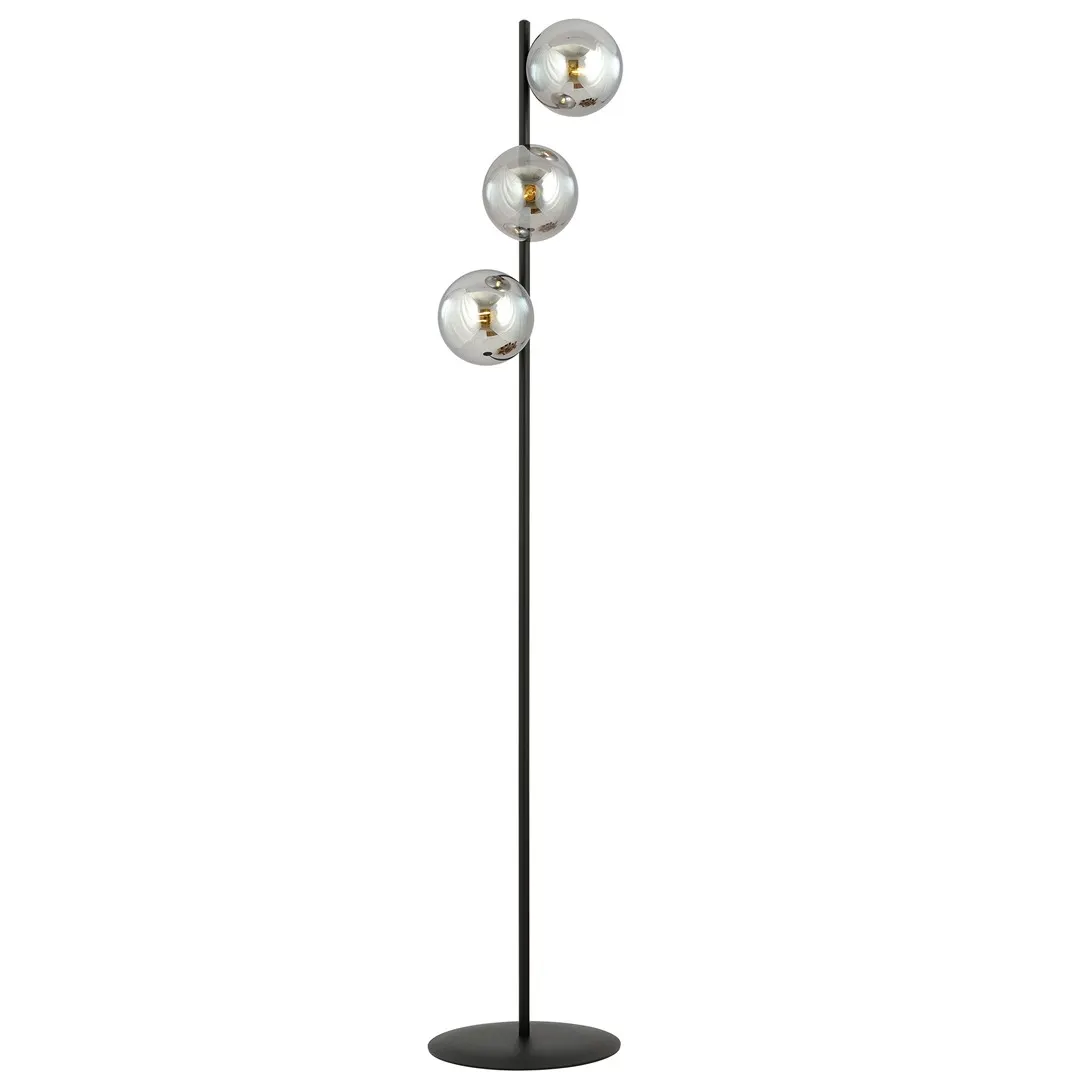image lampa stojąca, kula lustre, metalowy trzonek, czarne wykończenie, trzy kule