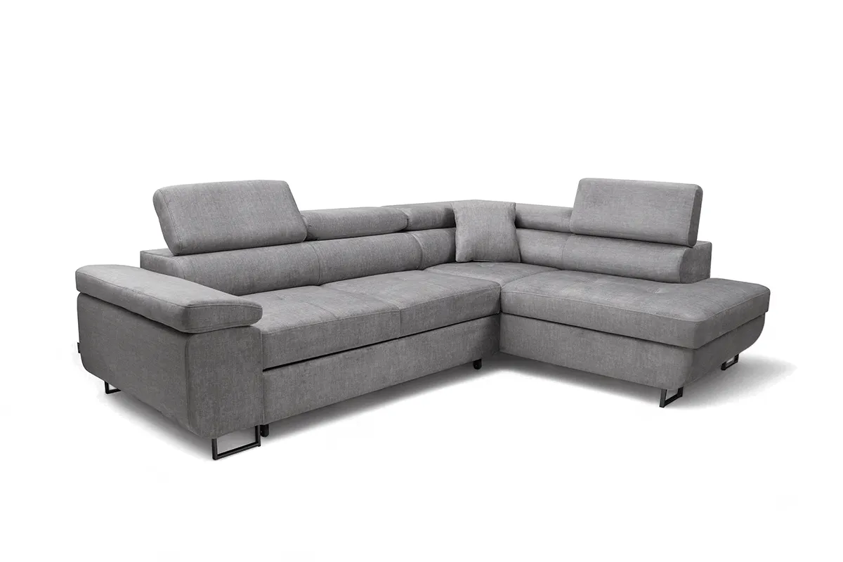 Narożnik prawostronny ANNABELLE L regulowane zagłówki nogi czarne tkanina Vogue 14 szary - B_165780