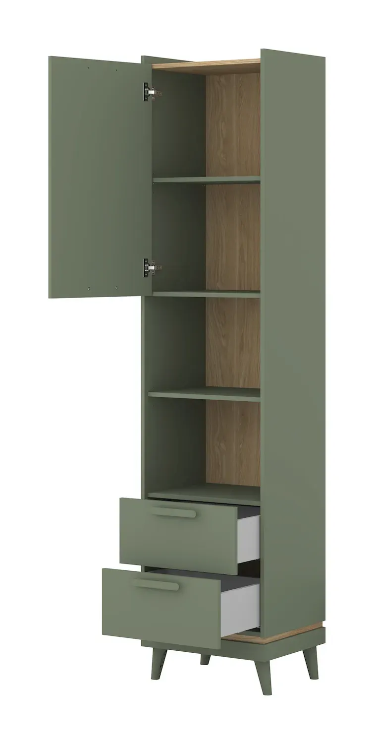 Regał 1-drzwiowy z 2 szufladami SCANDI 88 zielony-dąb olejowany - 24GDOH88