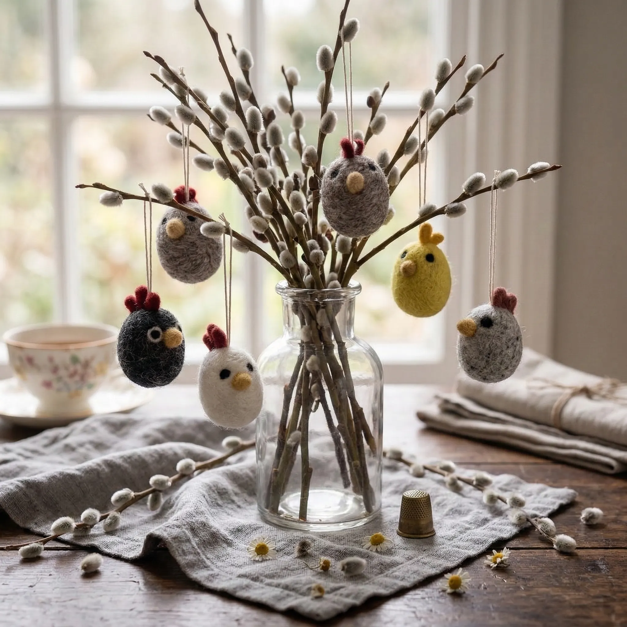 image wełniane ozdoby, zające, jajka wielkanocne, gałęzie ozdobne, szklana butelka