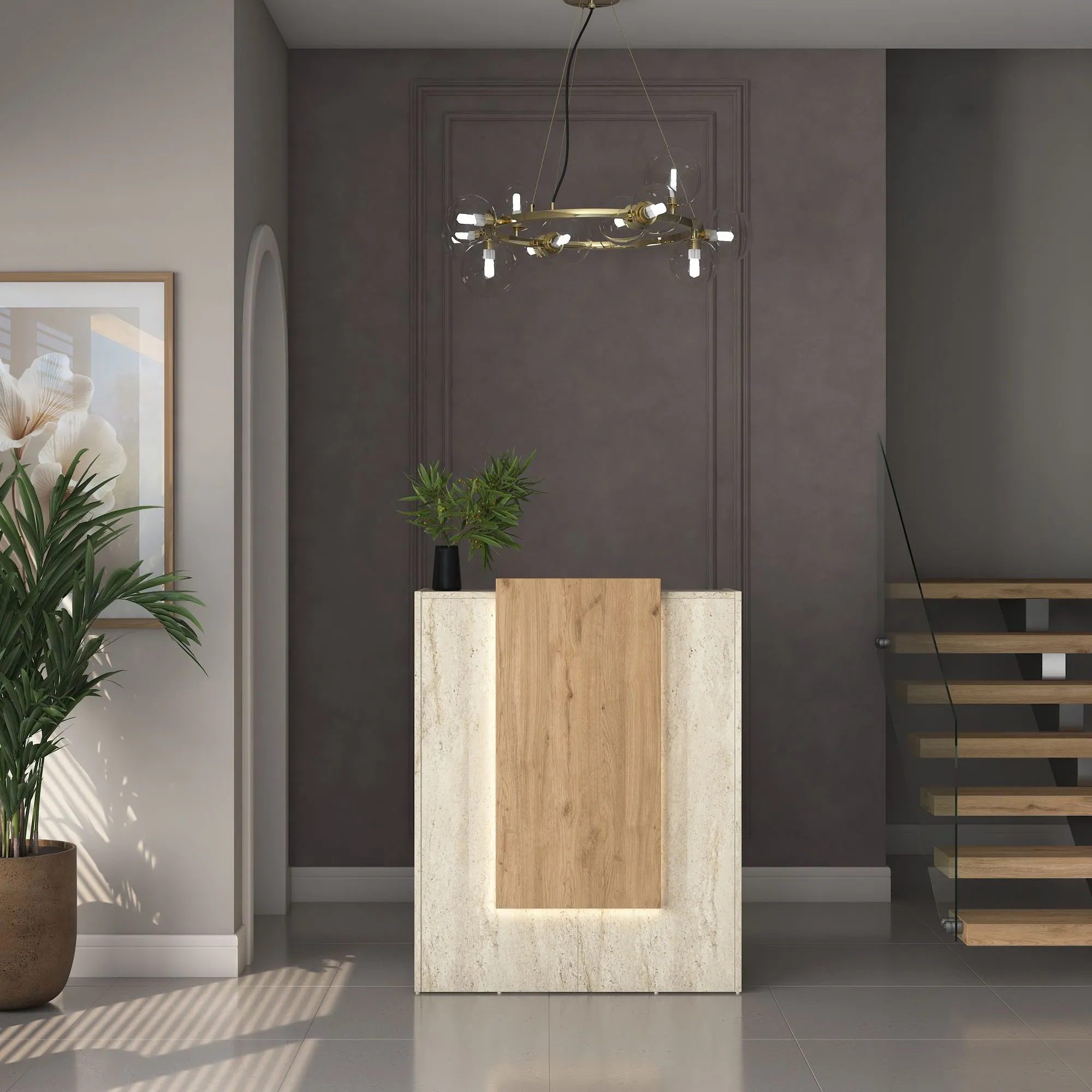 image konstrukcja recepcyjna, lobby, panele drewniane, kamień dekoracyjny, lampa sufitowa