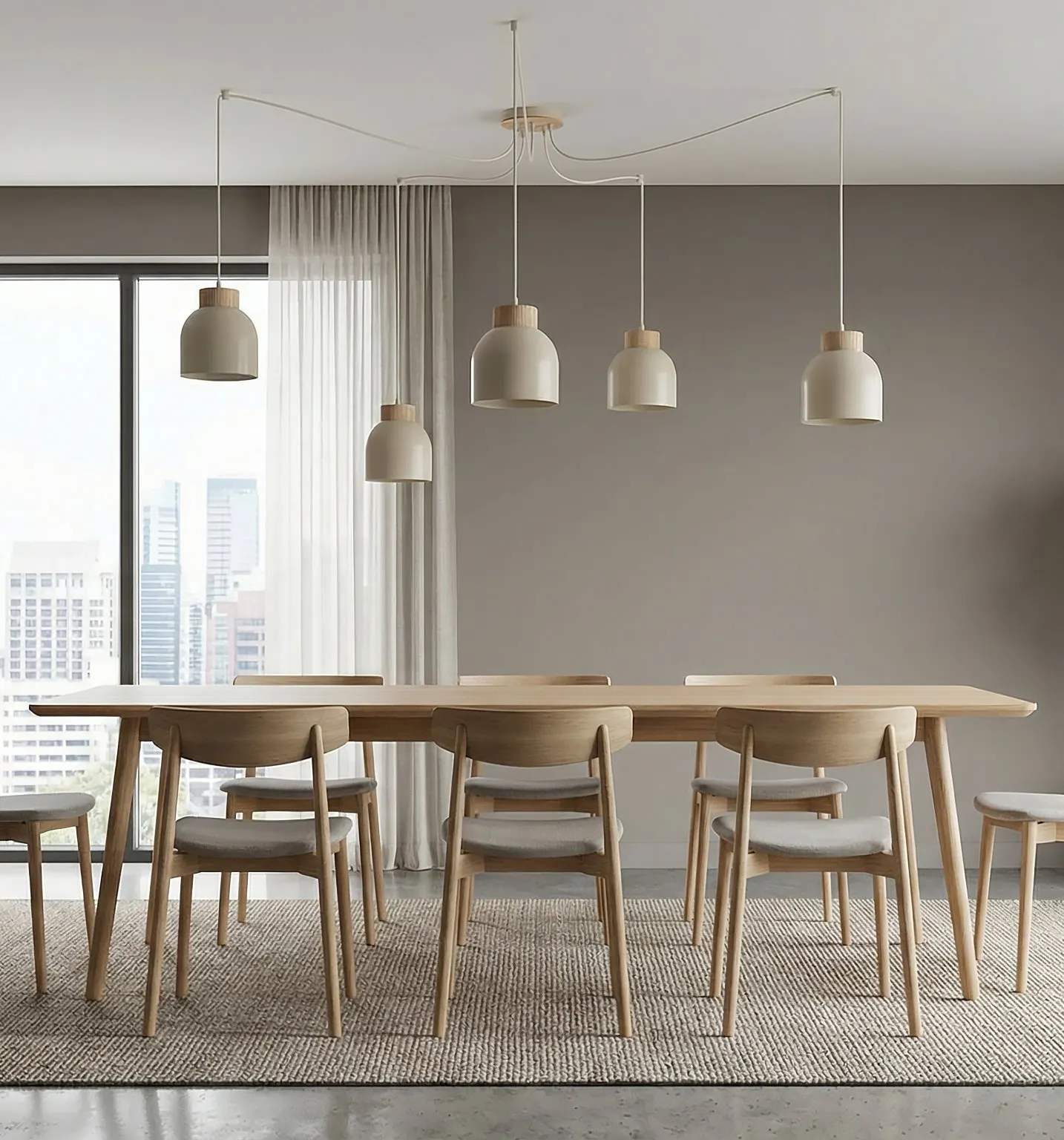 image stół drewniany, krzesła drewniane, lampa wisząca, jadalnia, drewniane wybarwienie