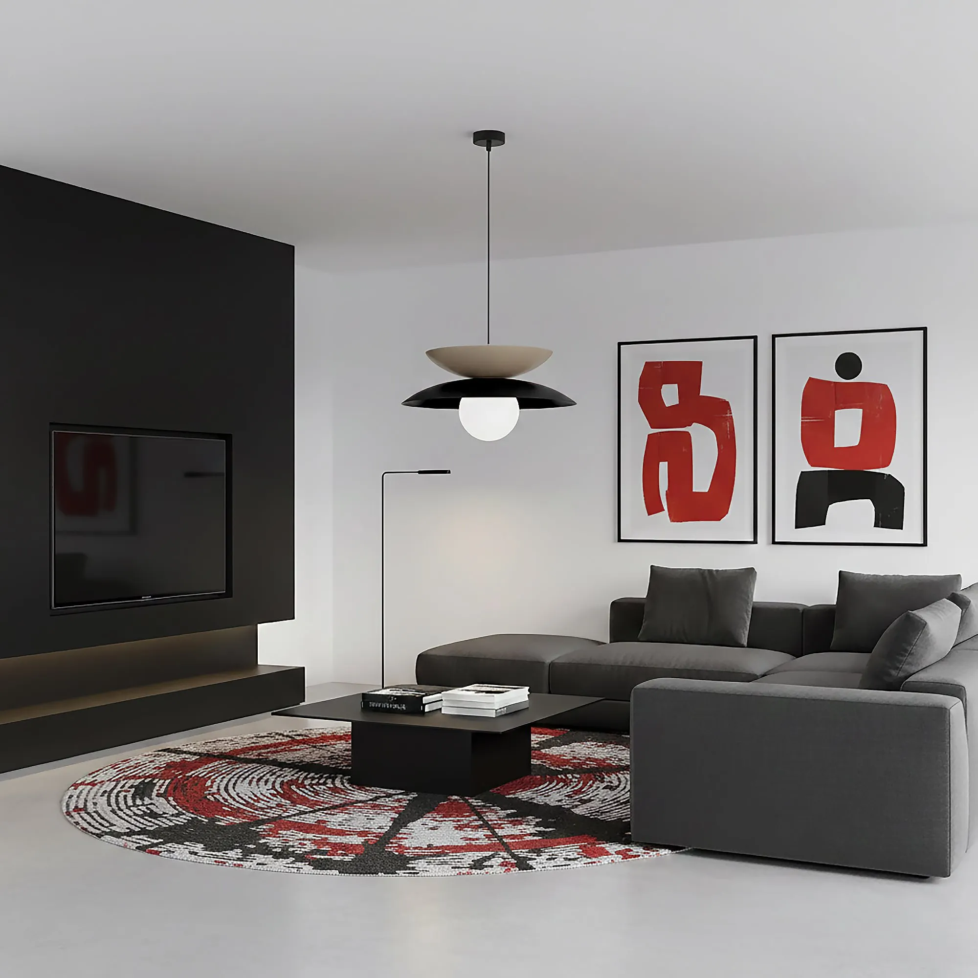 salon, sofa, stolik kawowy, dywan, lampa wisząca