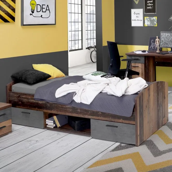 Łóżko z szufladami i wnęką CLIF 90X200 -old wood vintage, beton - WNL09-C943