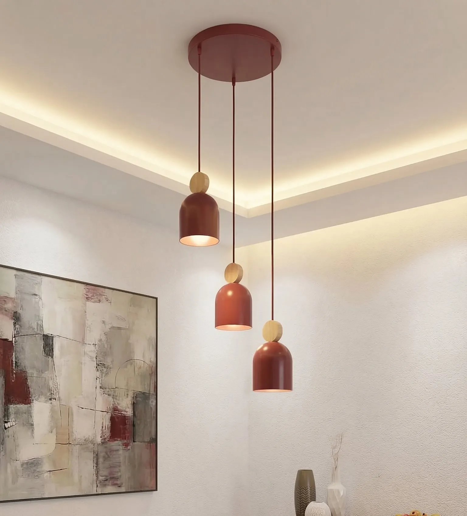 lampa wisząca, szereg lamp, metalowy klosz, czerwona lampa, pokój dzienny