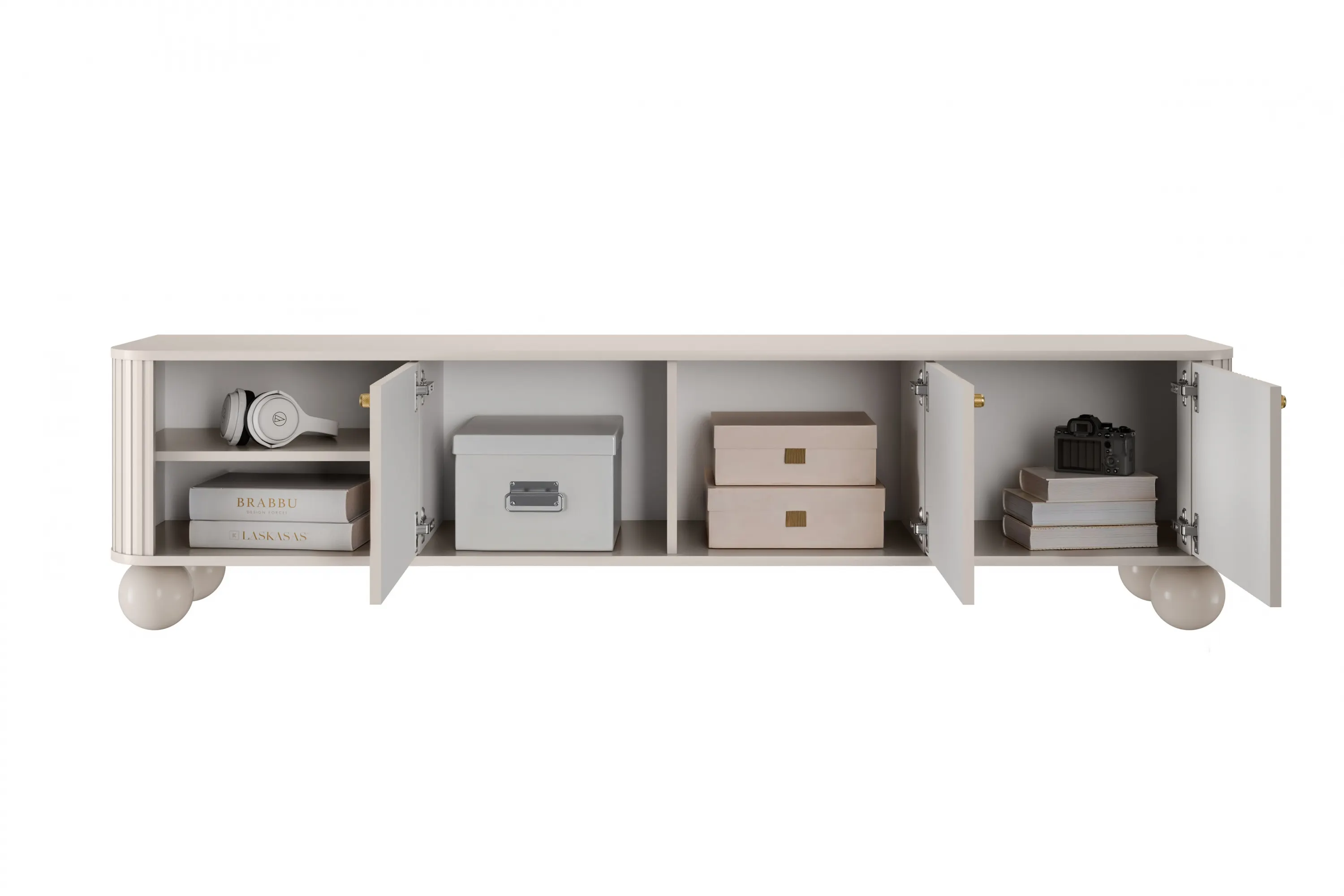 Szafka RTV 3-drzwiowa VESPER RTV 187 ryflowany front cashmere złote uchwyty nogi kule - B_163658