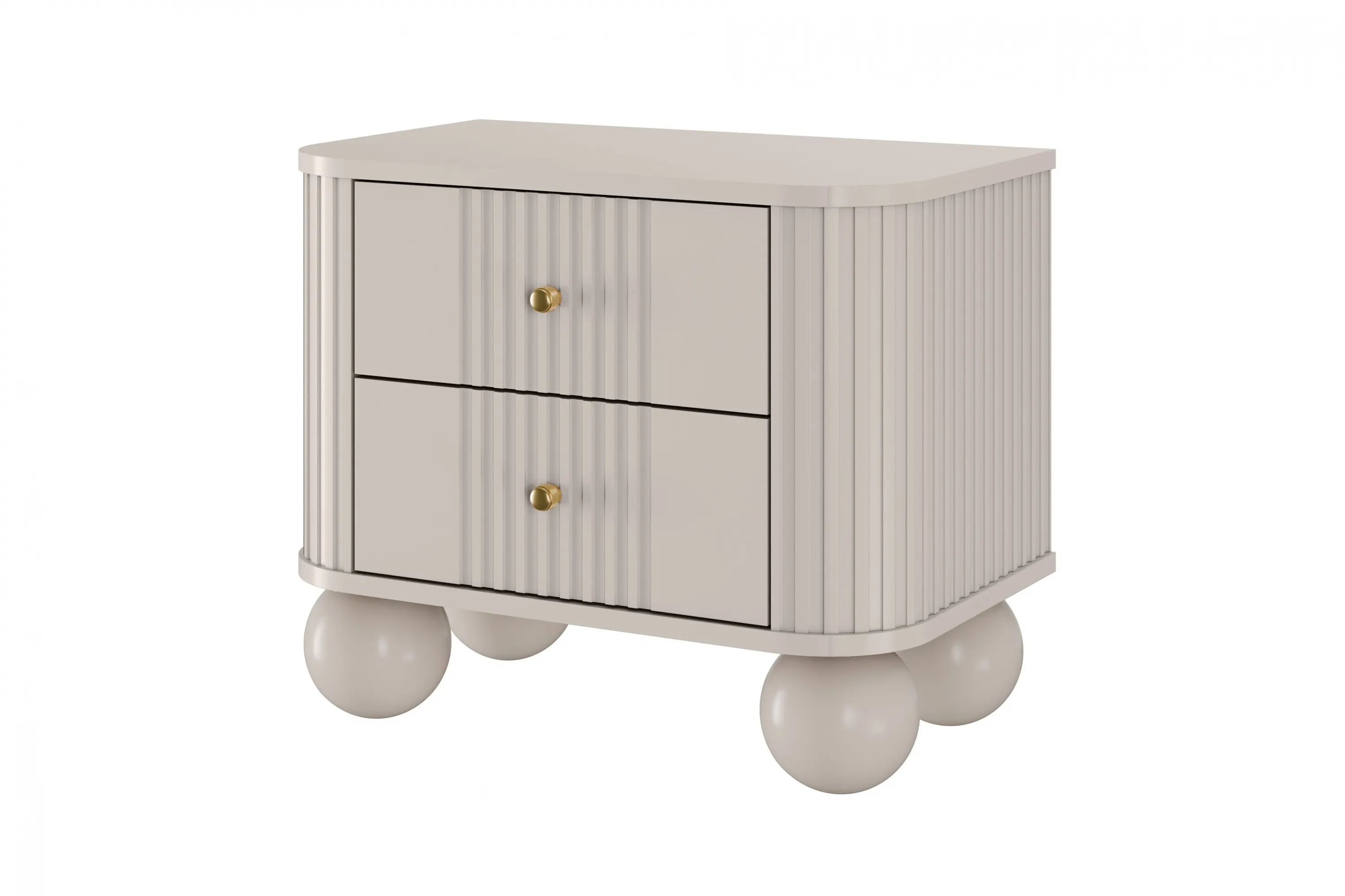 Szafka nocna z 2 szufladami VESPER 56 zestaw 2 sztuk ryflowany front cashmere złote uchwyty nogi kule - B_163828