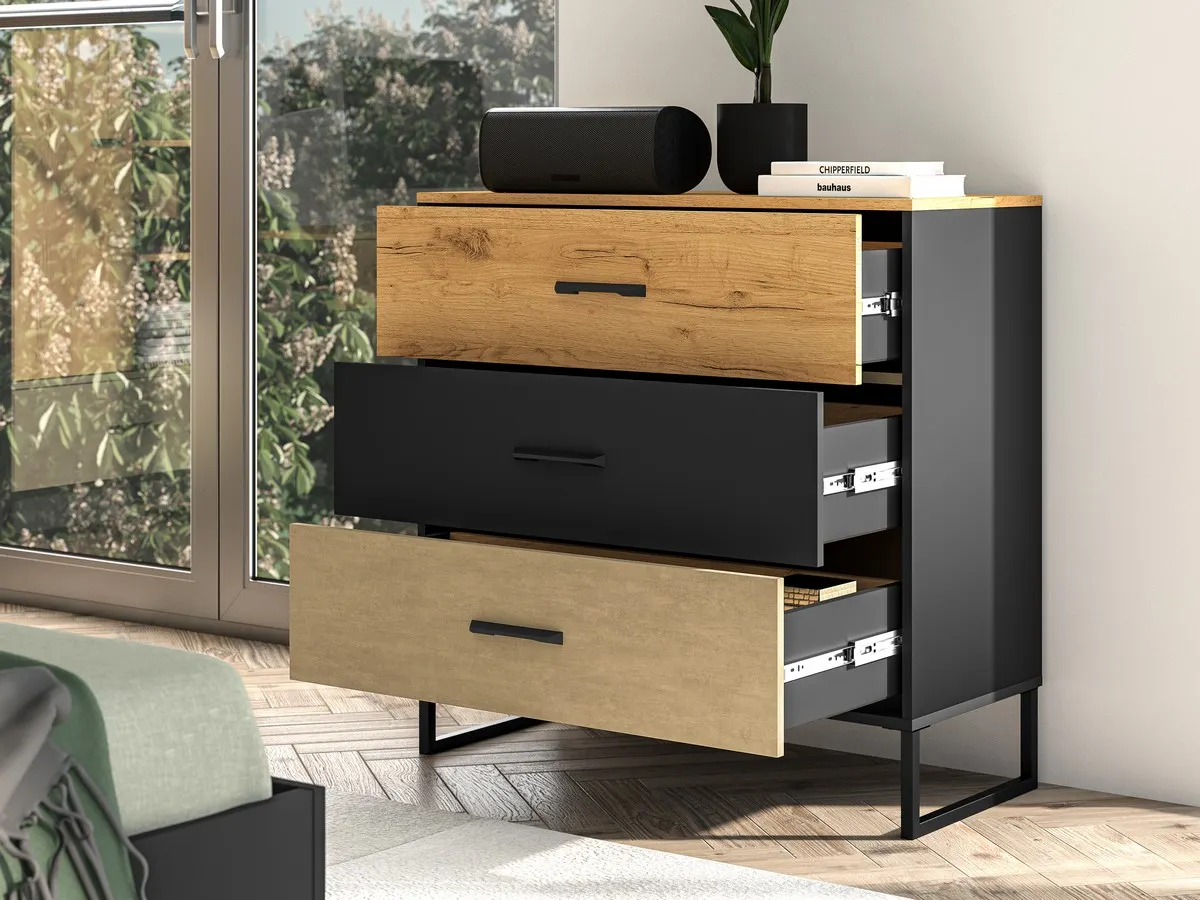 Komoda z 3 szufladą Colt 05 dąb craft złoty, czarny, stal premium — zdjęcie 7