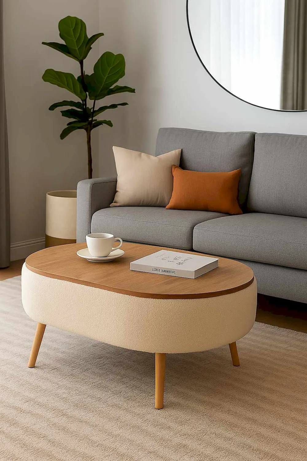 image sofa, stolik kawowy, okrągły stół, roślina, poduszki