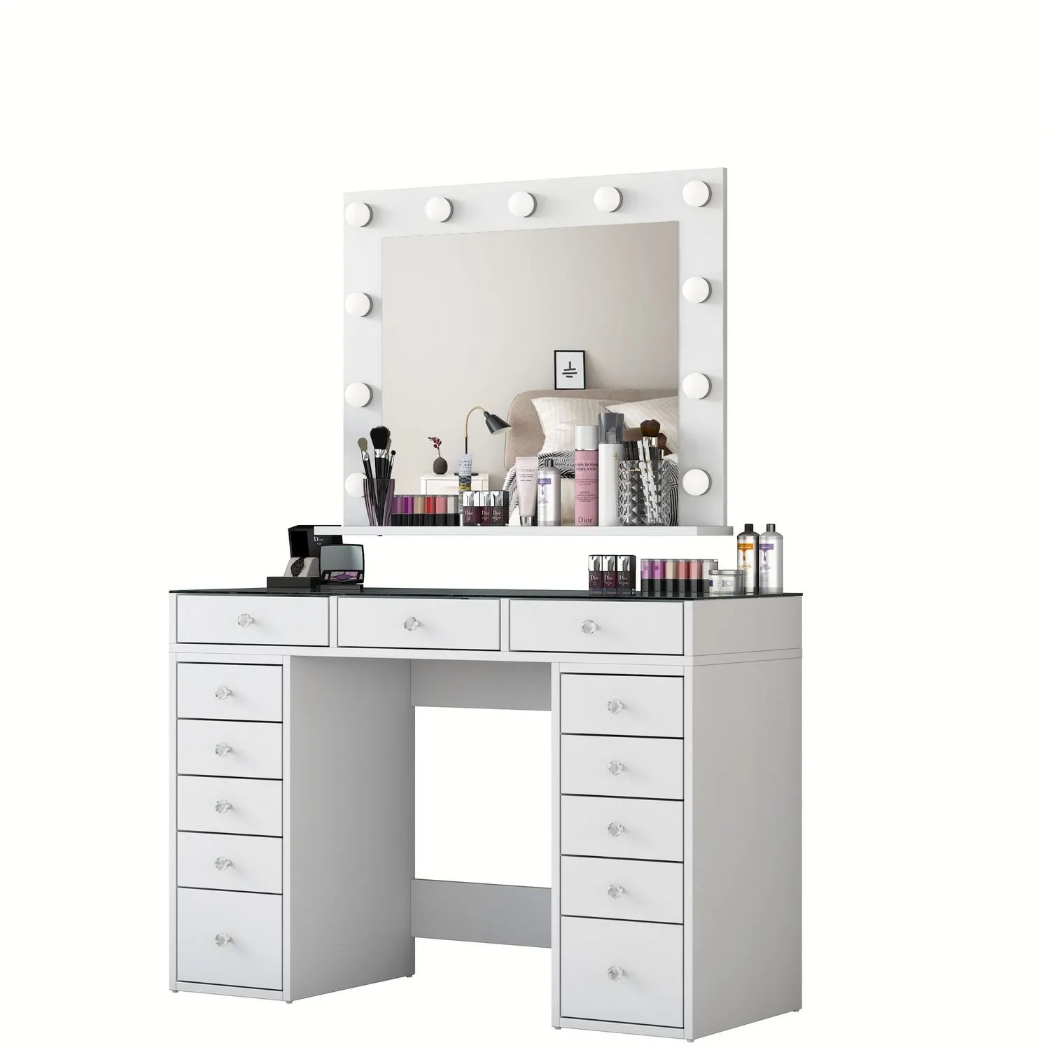 Toaletka z podświetlanym lustrem i szufladami BJ 118 transparentny blat biała