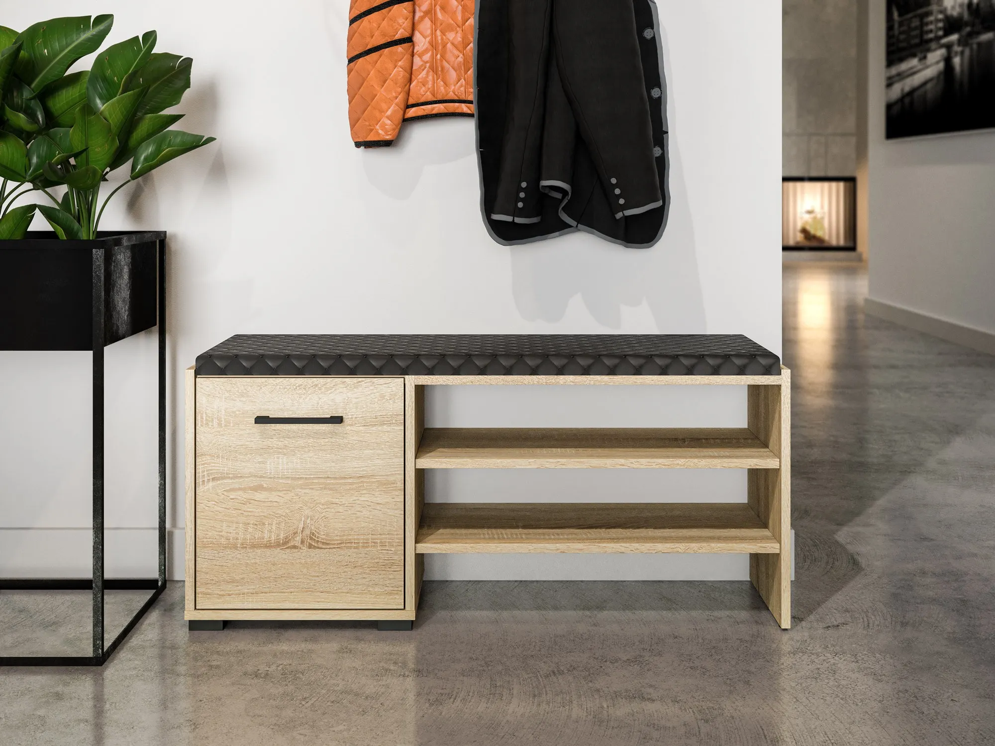 Szafka na buty 1-drzwiowa z tapicerowanym siedziskiem CARO 07 Sonoma jasna 48x105x34 - 1CARO07-001