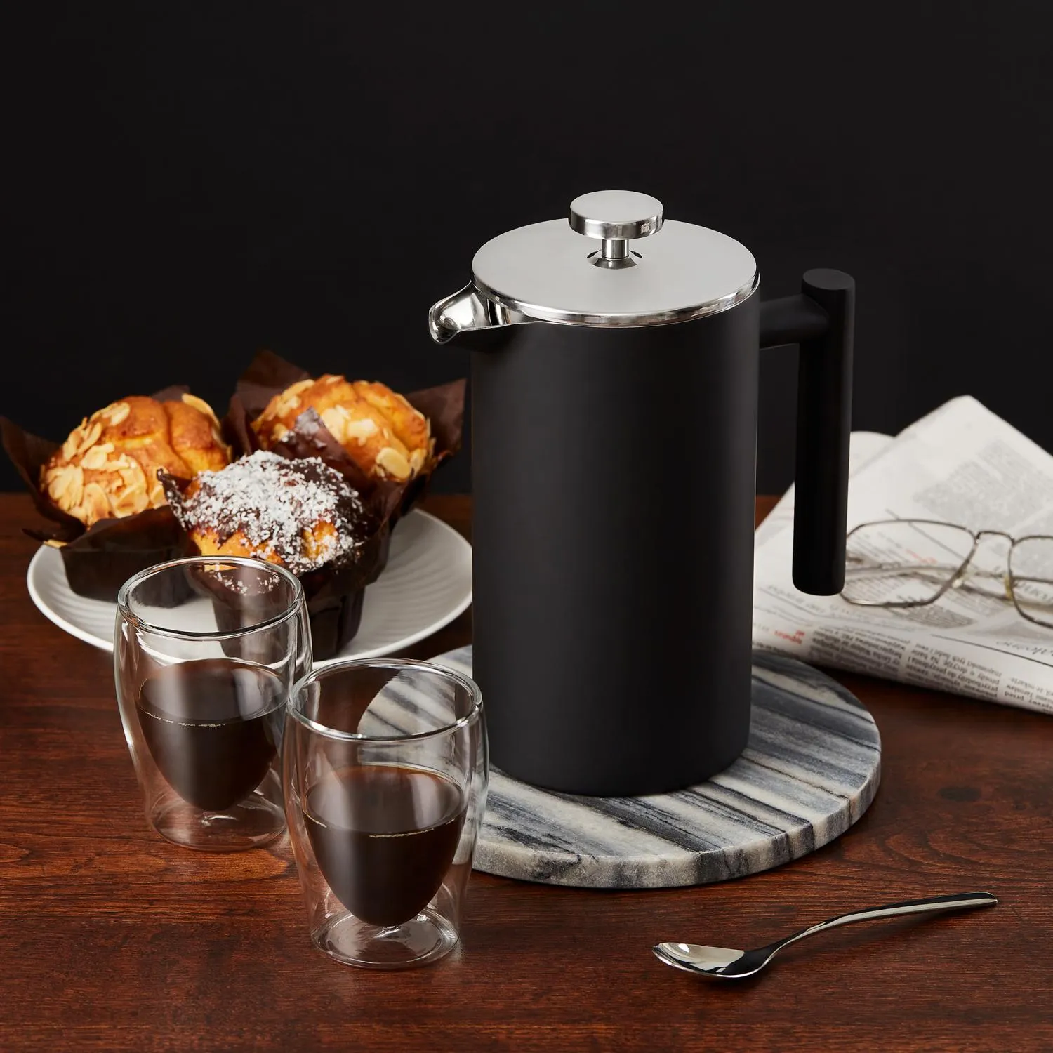 kettle, coffee pot, glass cup, mugs, pastries