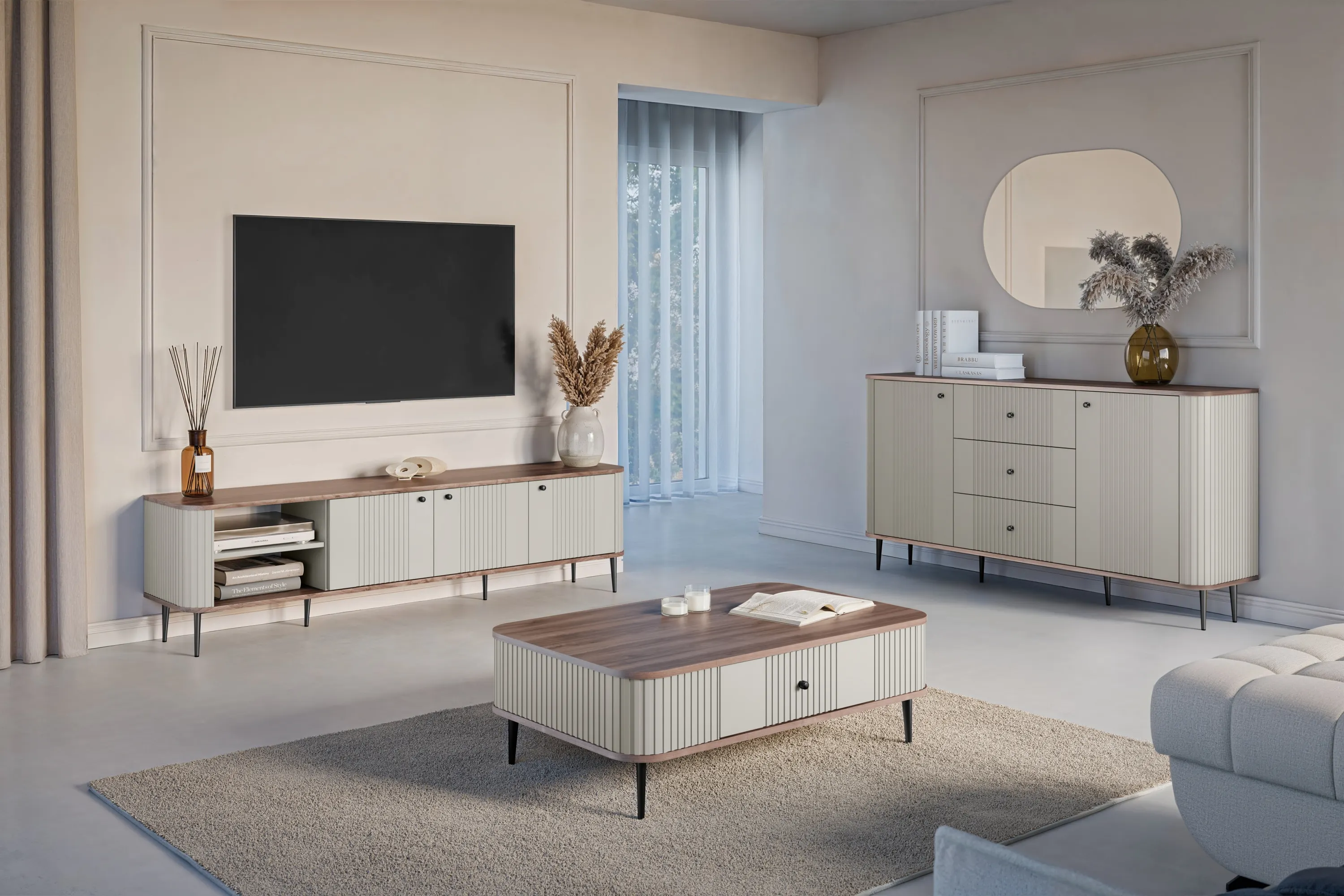 Szafka RTV 3-drzwiowa VESPER RTV 187 ryflowany front cashmere orzech czarne nogi - B_163672