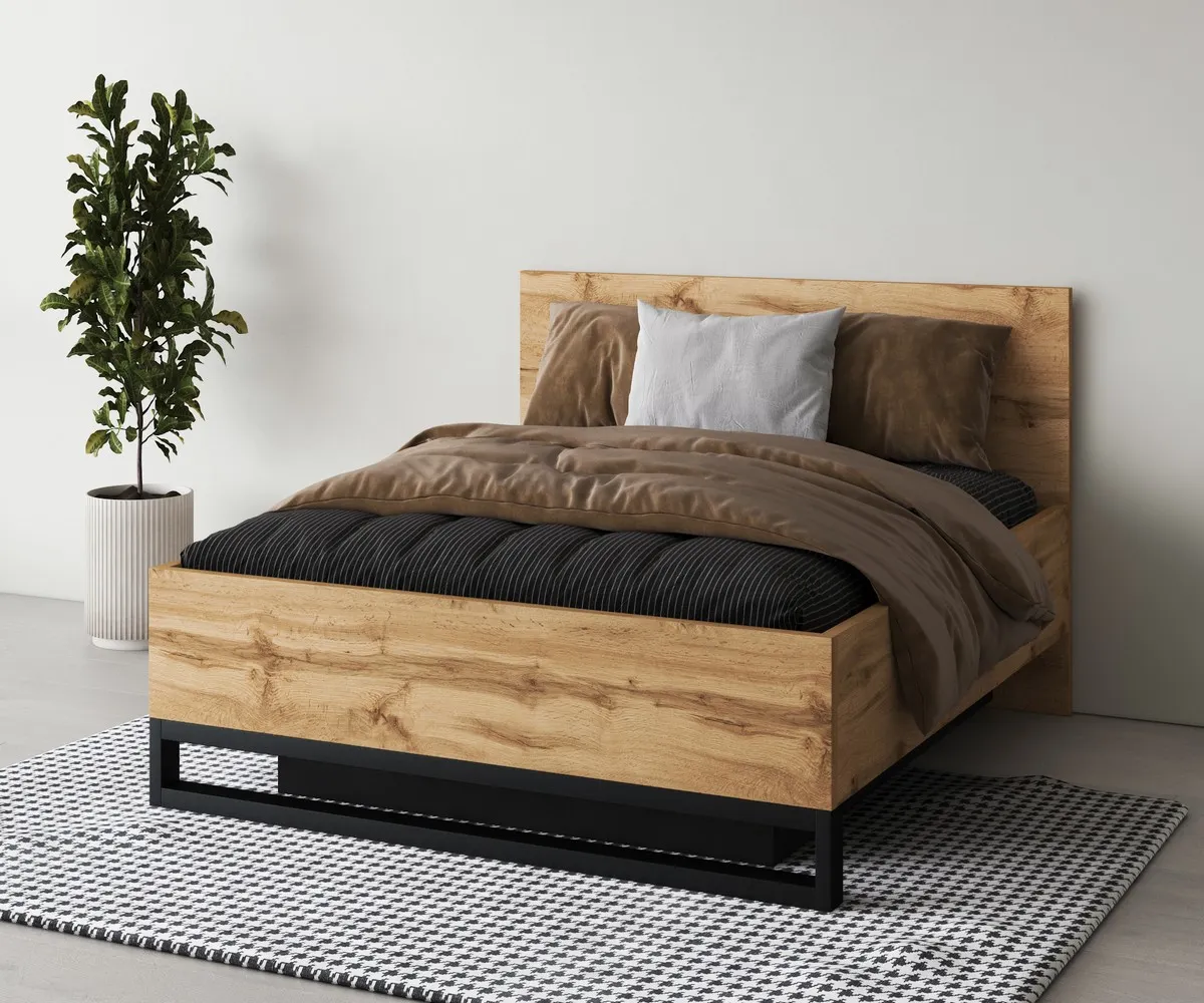 Łóżko z zagłówkiem i pojemnikiem HALLE S 180x200 dąb Wotan/czarne nogi - 24N0NG52