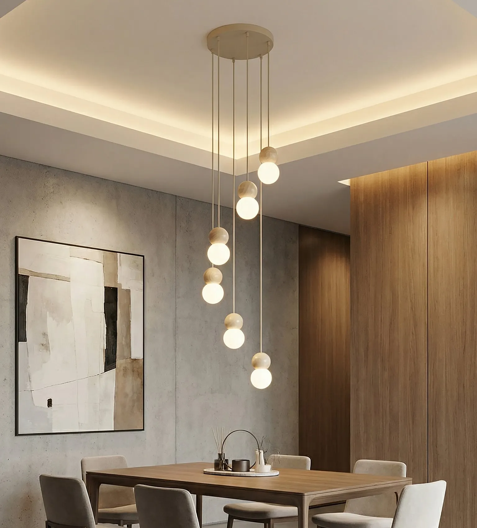 image lampa wisząca, kule LED, oswietlenie sufitowe, jadalnia, drewno on wyn
