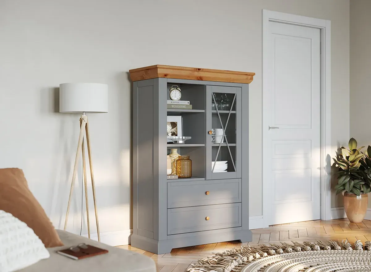 Witryna drewniana niska 1-drzwiowa z 2 szufladami MARONE ELITE popielaty - PLMEL04/S