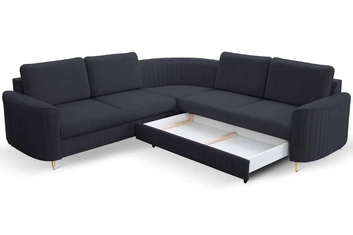 Narożnik rozkładany z pojemnikiem LAREN CASTEL 251 cm prawy granatowy złote nóżki - LAREN_NAR_CASTEL79_P_ZŁ