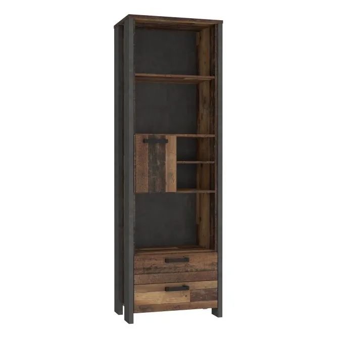 Regał wysoki CLIF z 2 szufladami i szafką - old wood vintage, beton