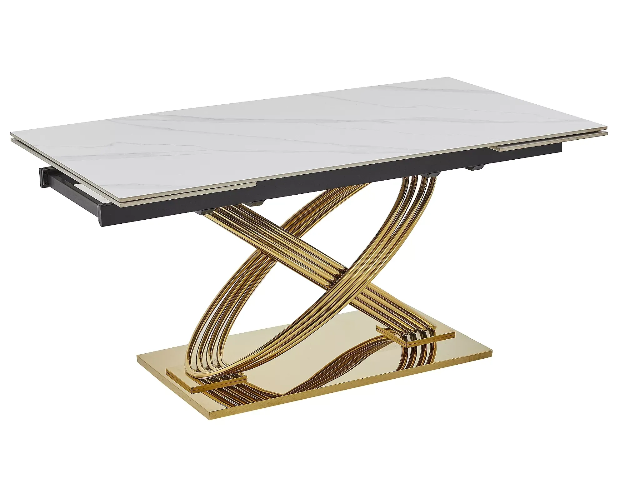 Stół rozkładany HERMES II 90x160(240) efekt marmuru biały połysk stelaż złoty